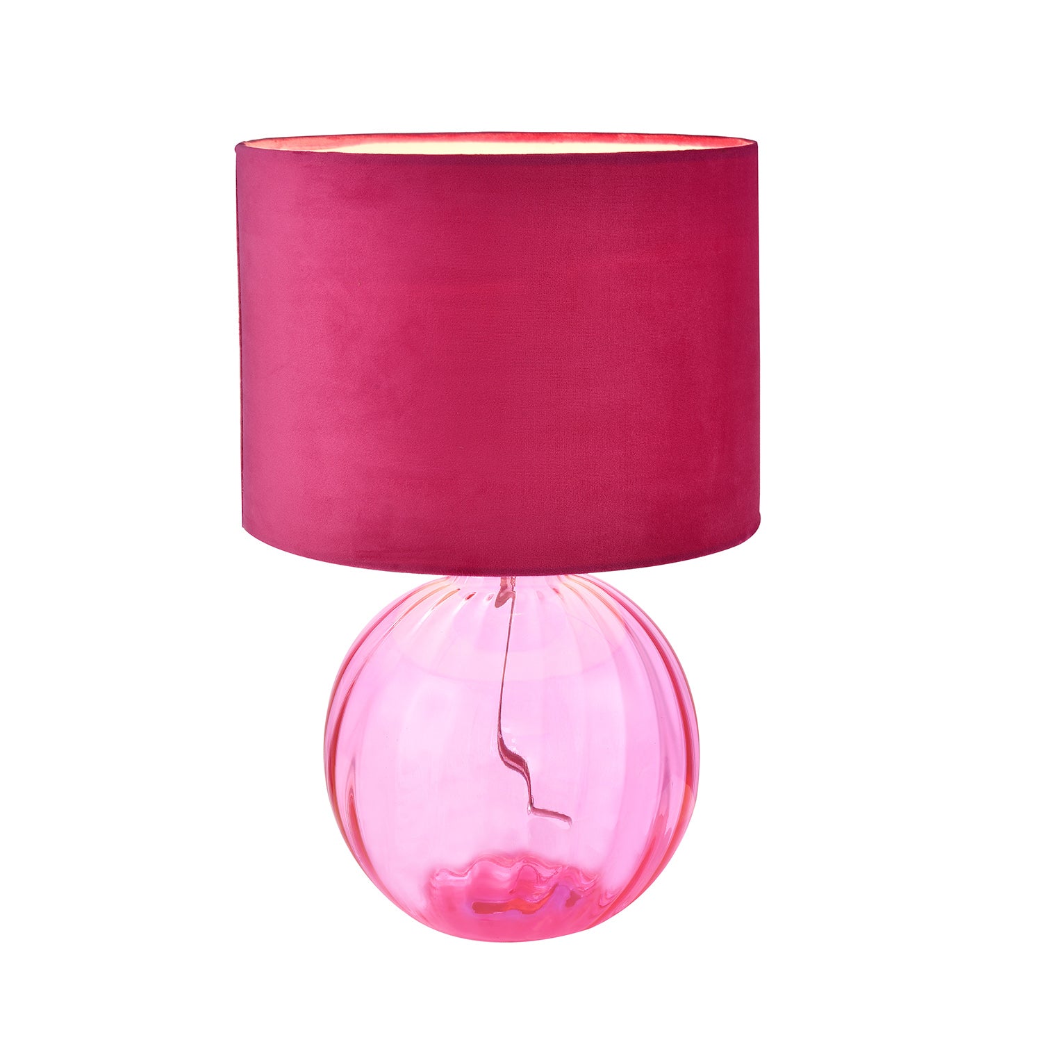 Contemporary Light Pink Ribbed Glass Table Lamp with Soft Velvet Fabric Shade Image 4