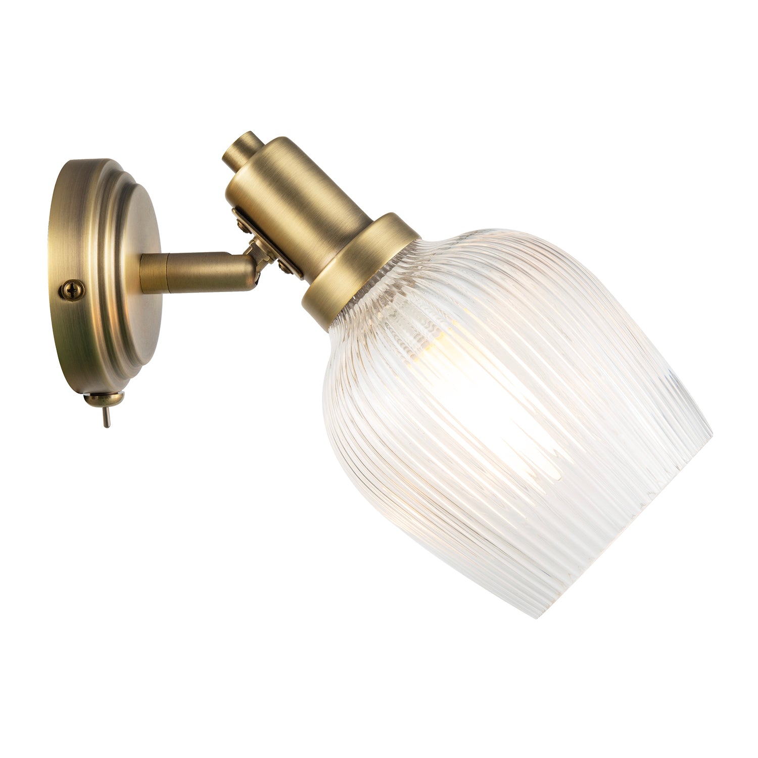 Classy Antique Brass Switched Wall Light with Clear Ribbed Glass Shade Image 4