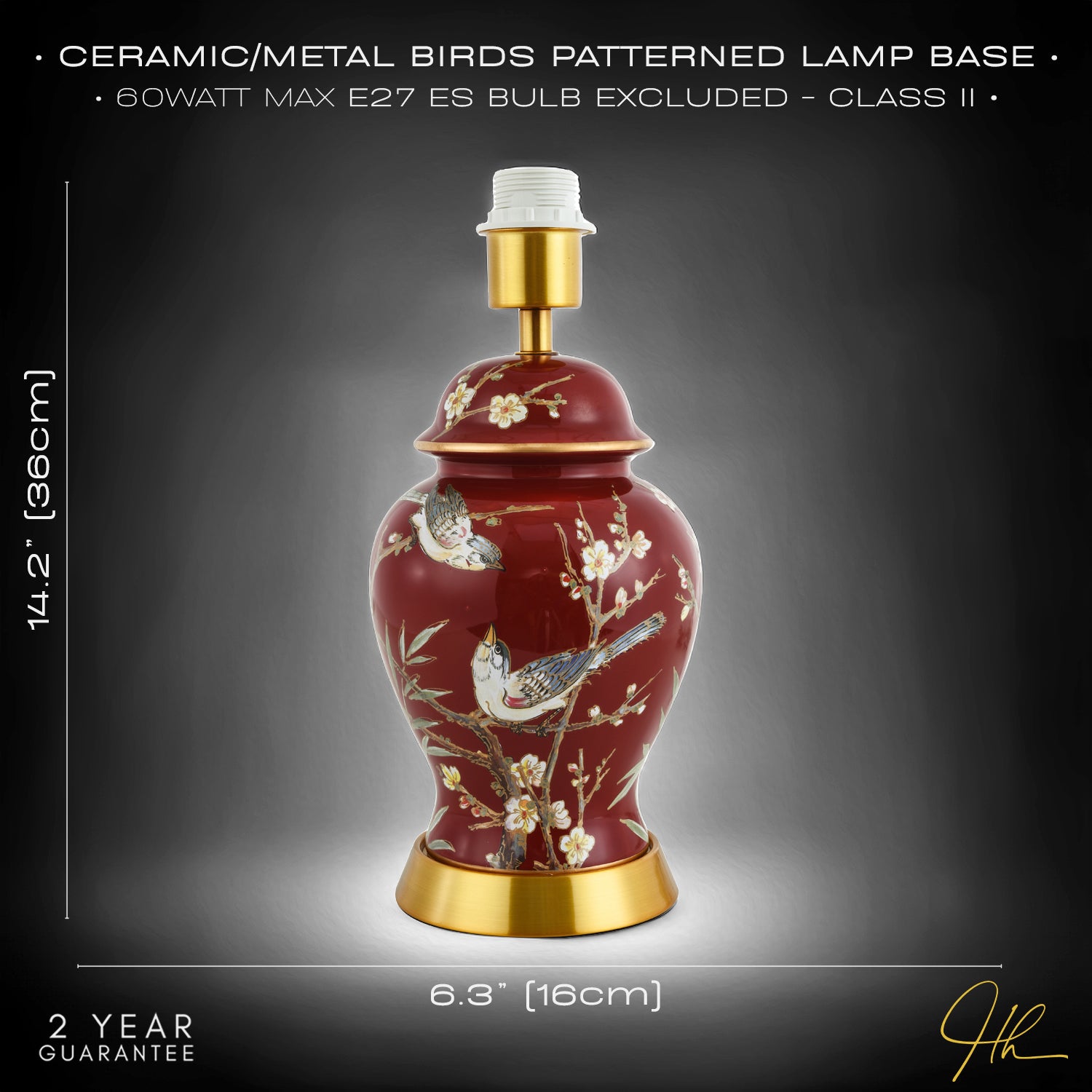 Classic Ceramic Lamp Base in Glossy Dark Burgundy with Birds and Floral Decor Image 6