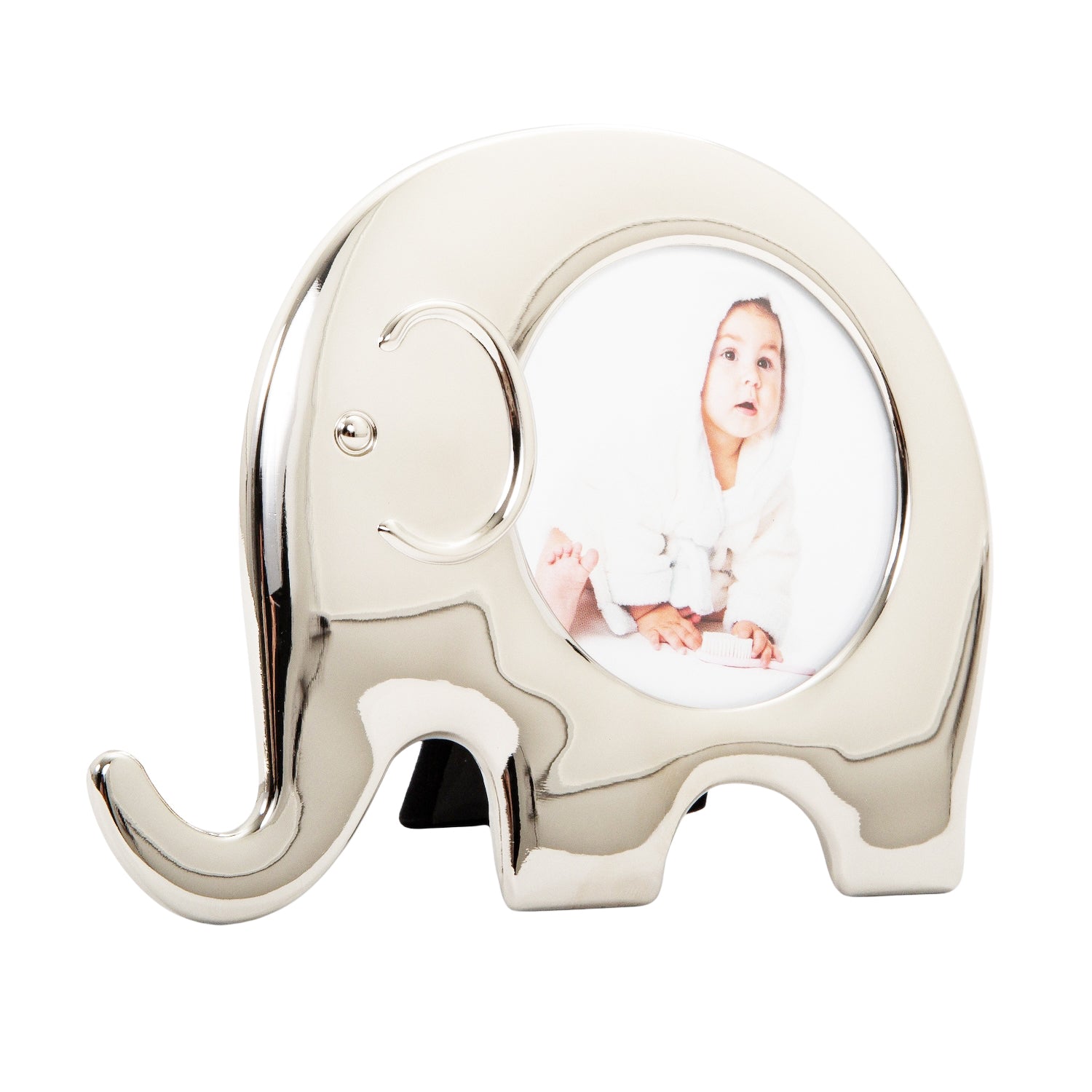 Modern Standing Elephant Themed Shiny Nickel Plated Baby Circular Picture Frame Image 2