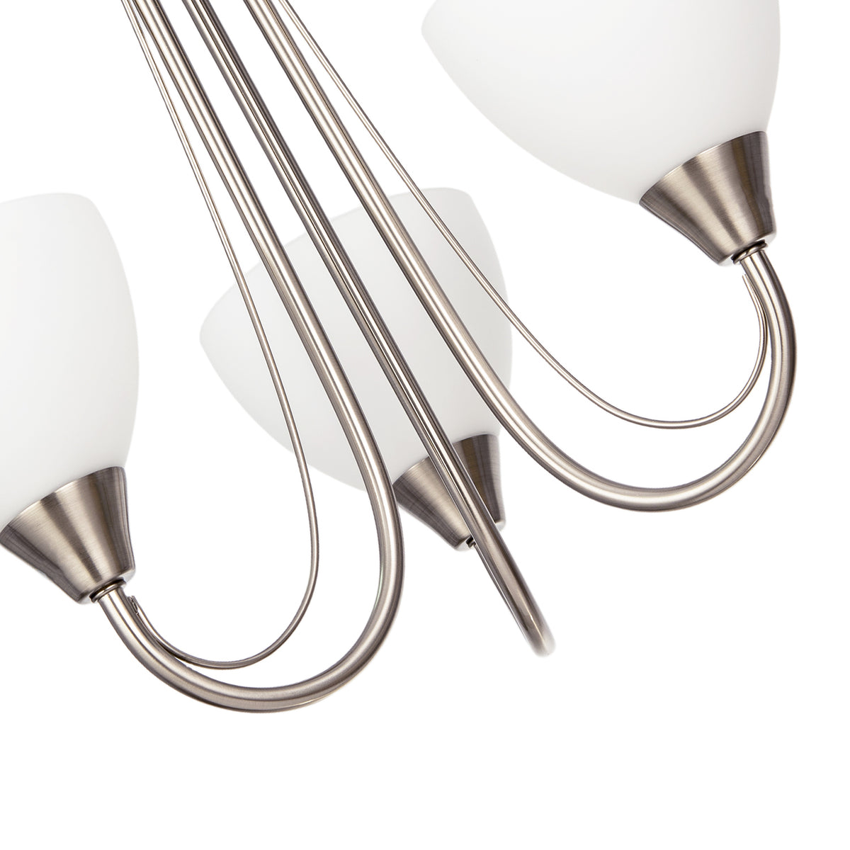 Chic Satin Nickel Three Arm Ceiling Light with Opal White Glass Shades Image 3