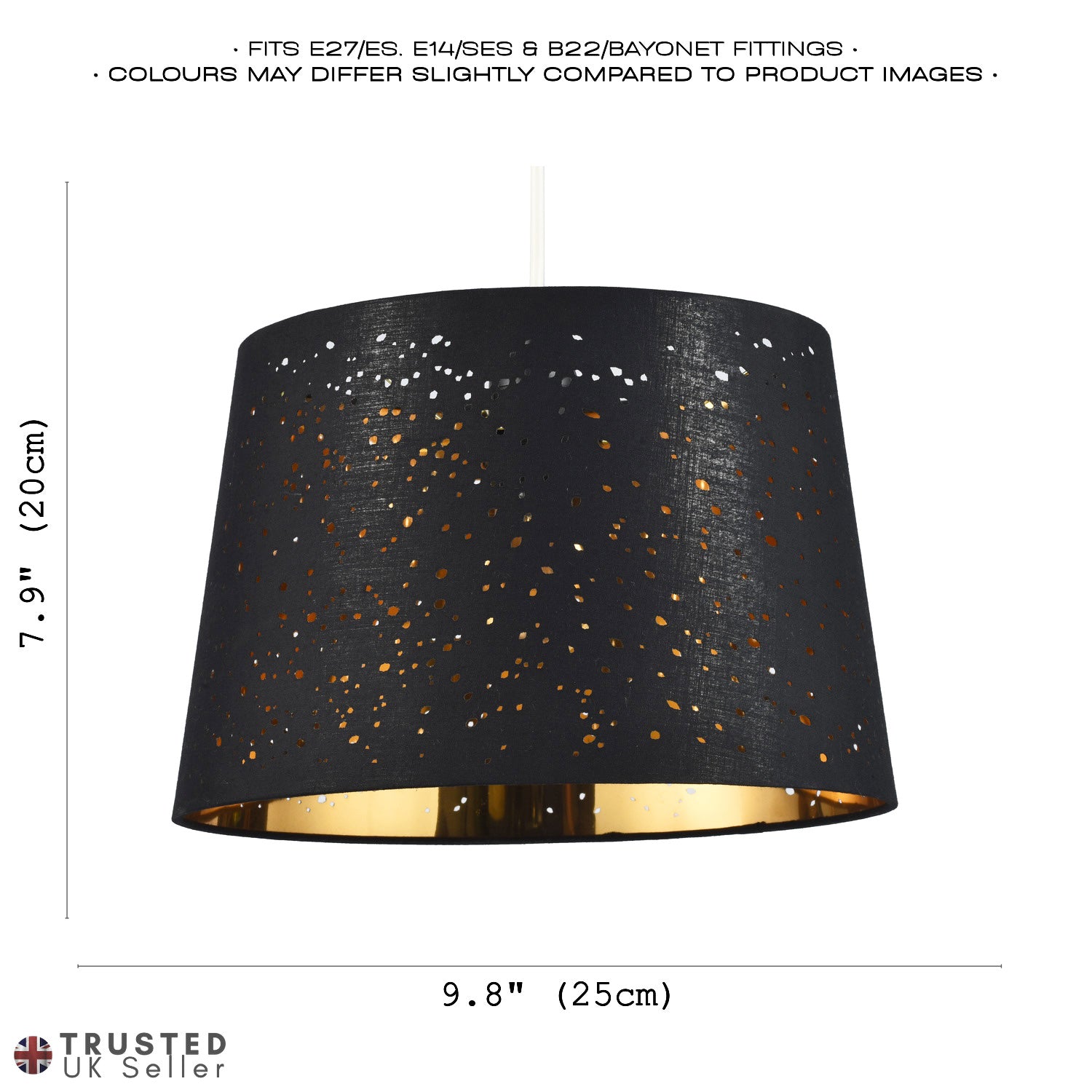 Black Cotton Fabric Drum Pendant Shade with Small Holes and Inner Gold Lining Image 7