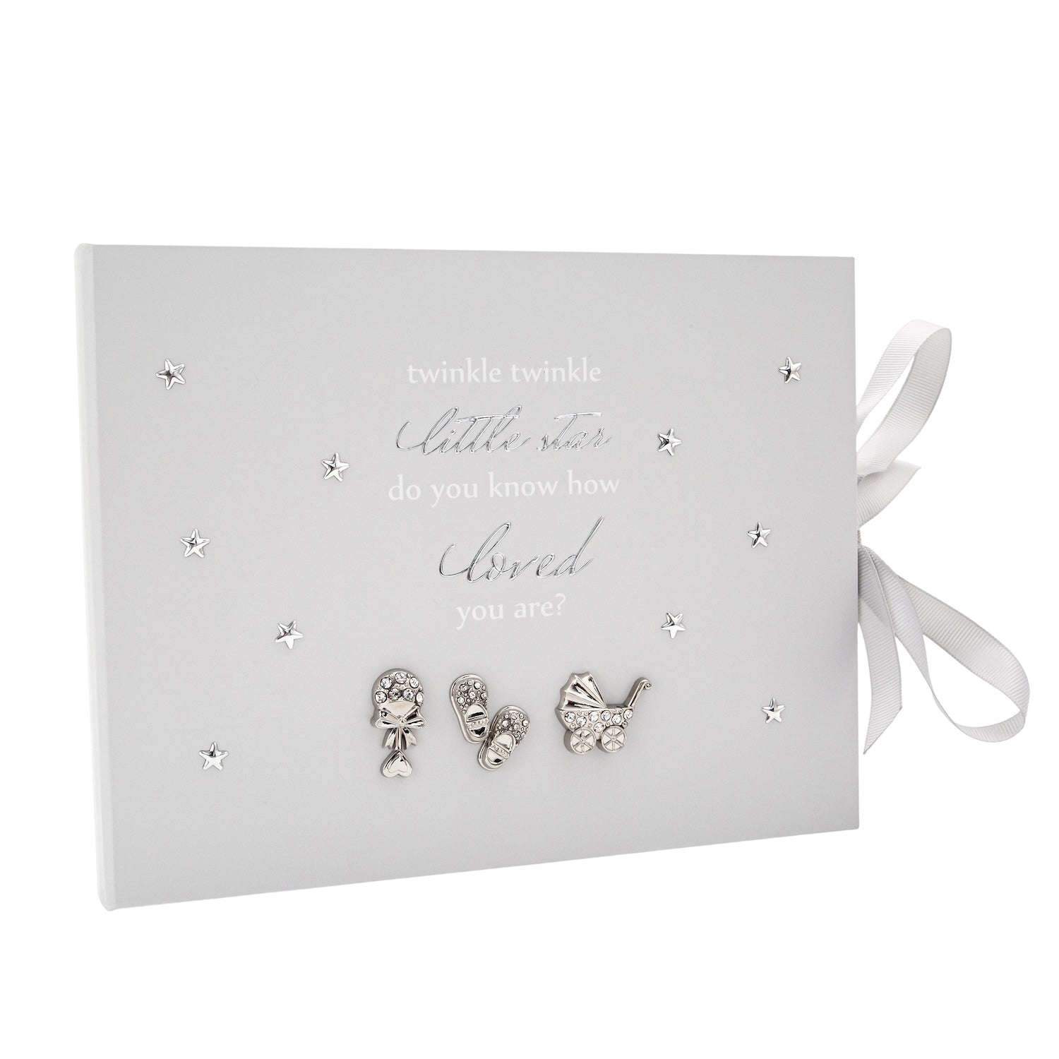 Baby Keepsake Guest Book with Silver Plated Rattle Pram and Booties Image 1