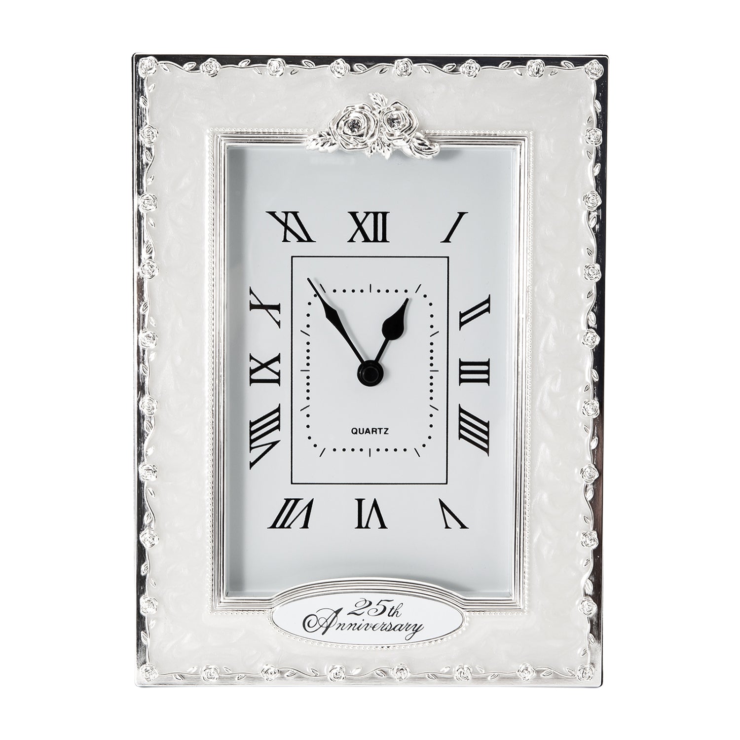 25th Anniversary Clock in White Epoxy with Silver Plated Roses and Diamantes Image 1