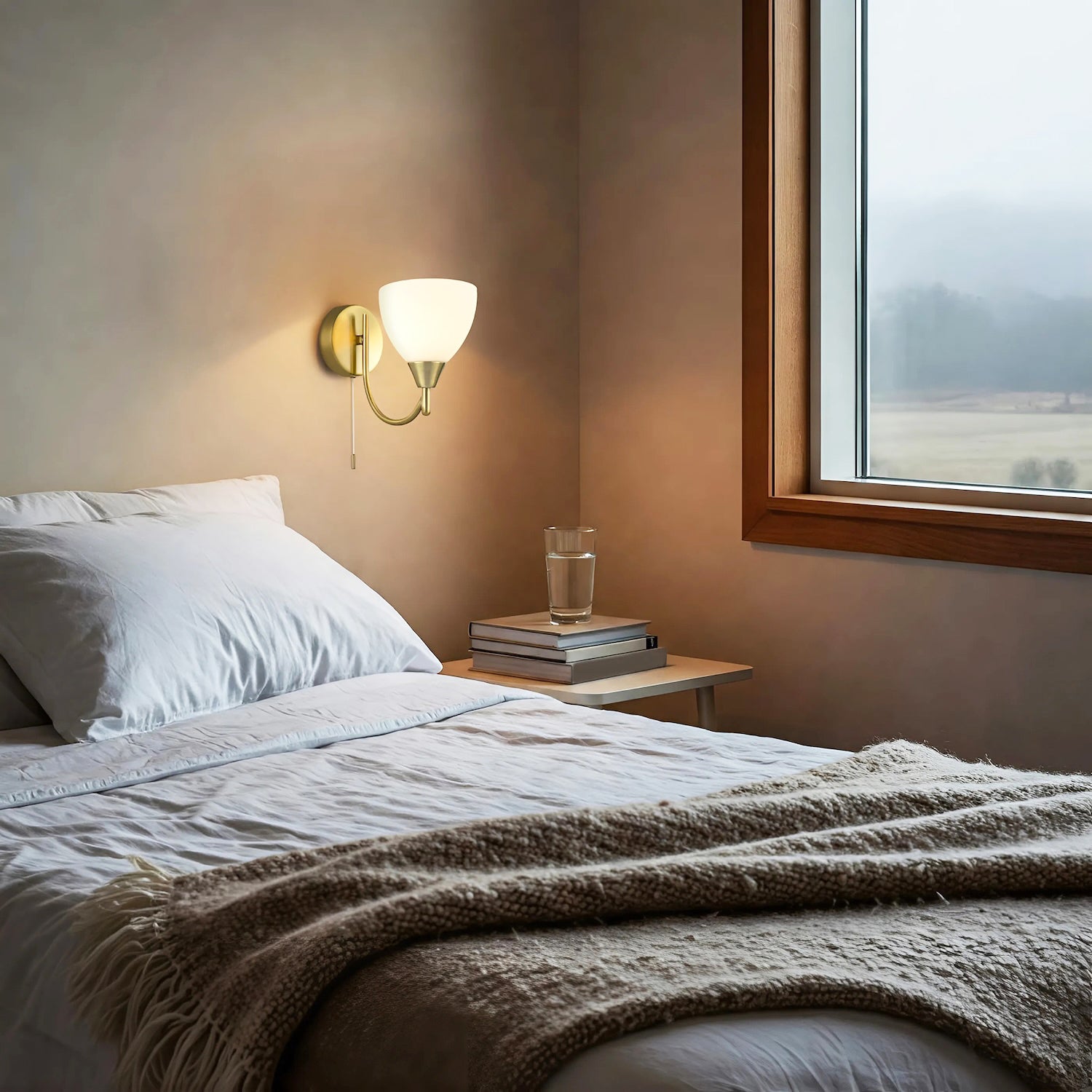 Contemporary Pull Switched Wall Light in Antique Brass with White Glass Shade Image 7