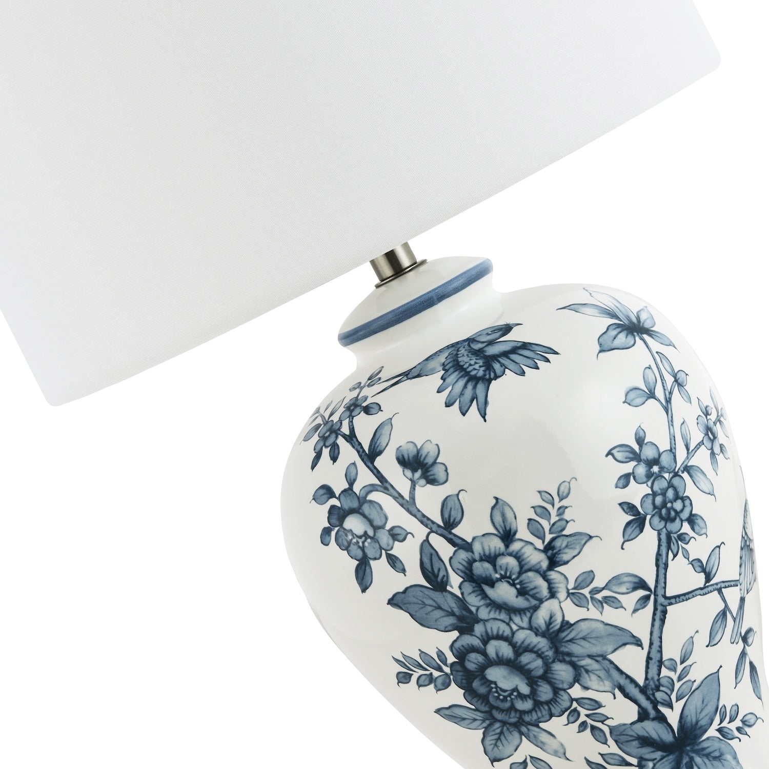 Traditional White Gloss Ceramic Lamp Base with Navy Blue Floral and Bird Decor Image 5