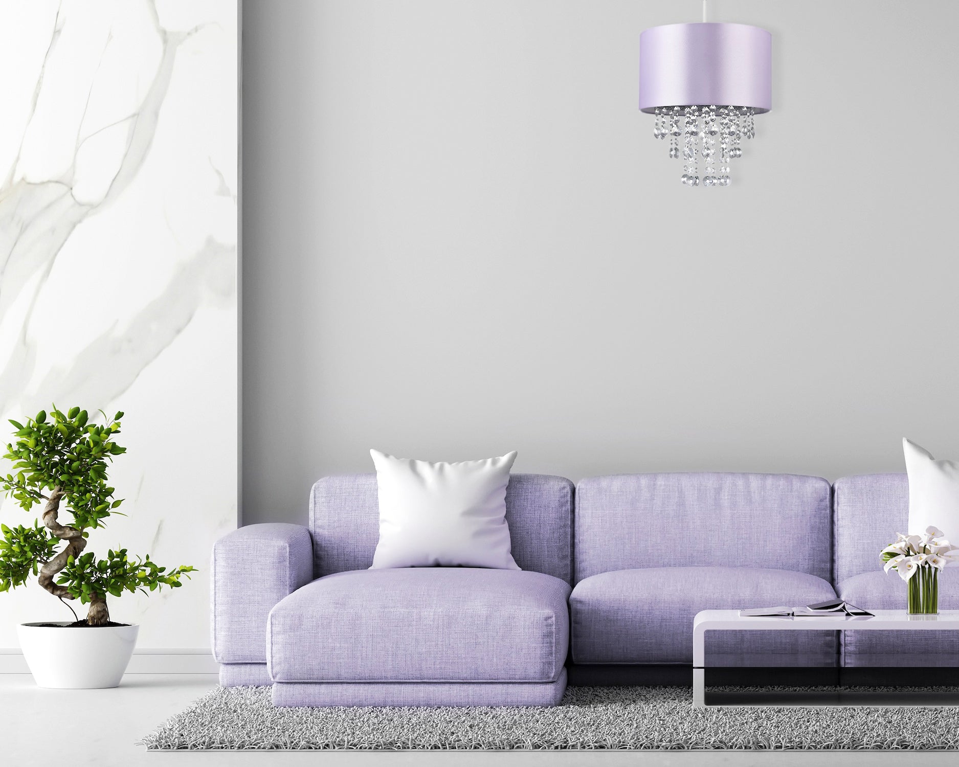 Modern Lilac Satin Fabric Pendant Light Shade with Transparent Acrylic Droplets Image 6