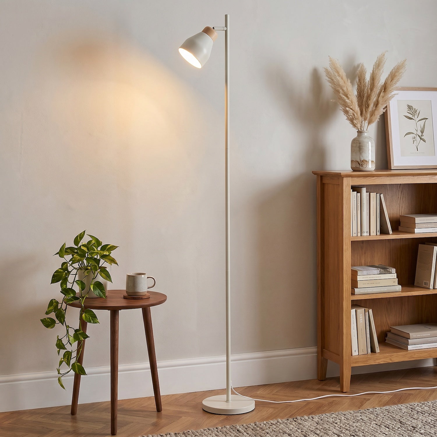 Muted Dove Grey Scandinavian Designed Floor Lamp with Wooden Trim Image 6