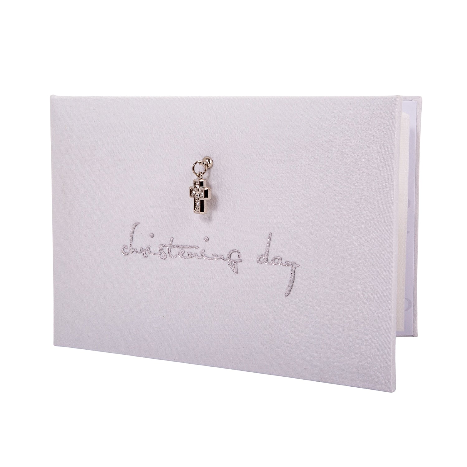 Beautiful White Satin Fabric Christening Photo Album with Silver Metal Cross Image 1