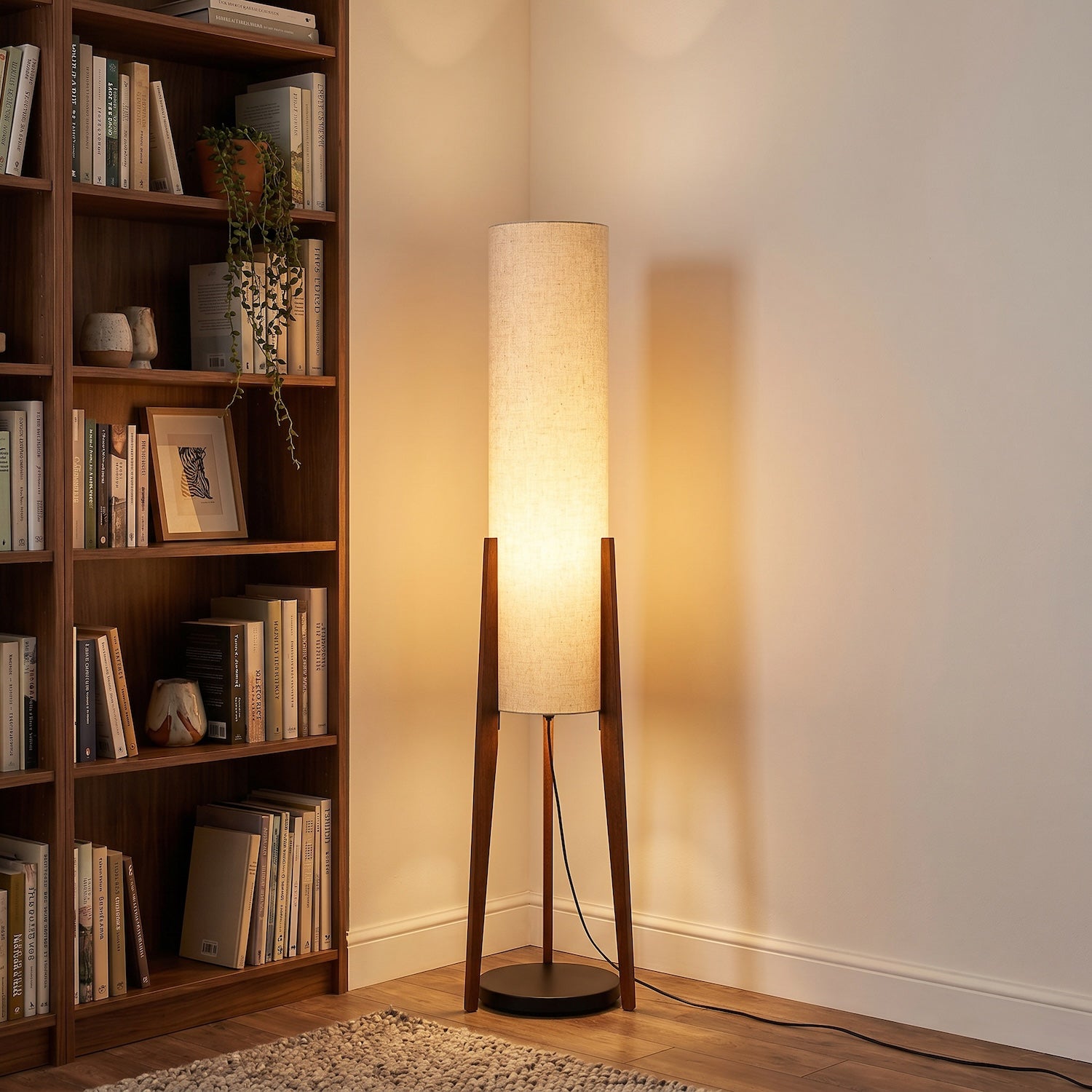 Designer Floor Lamp with Natural Linen Shade and Wooden Tripod Legs Image 6