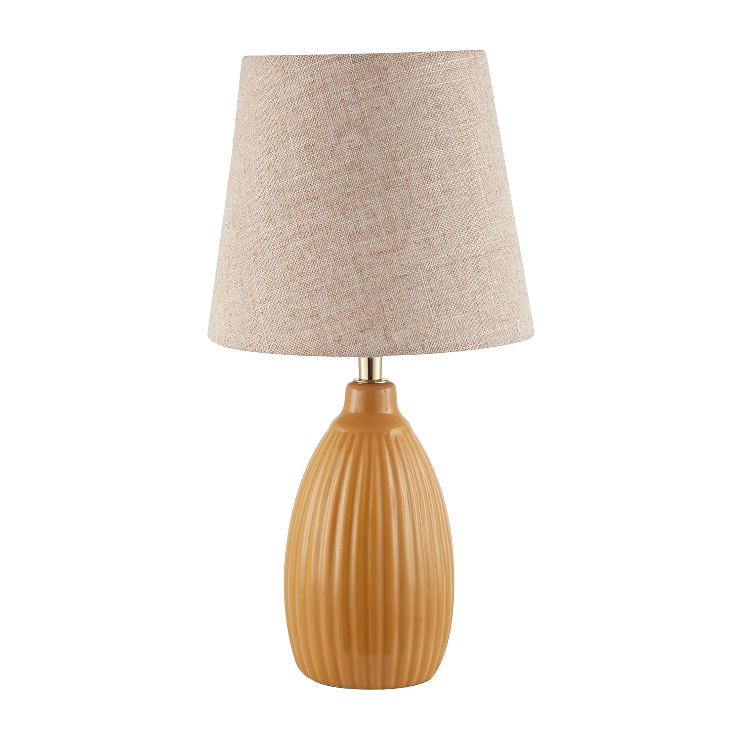 Mustard Etched Lined Ceramic Gloss Table Lamp with Linen Fabric Shade Image 1