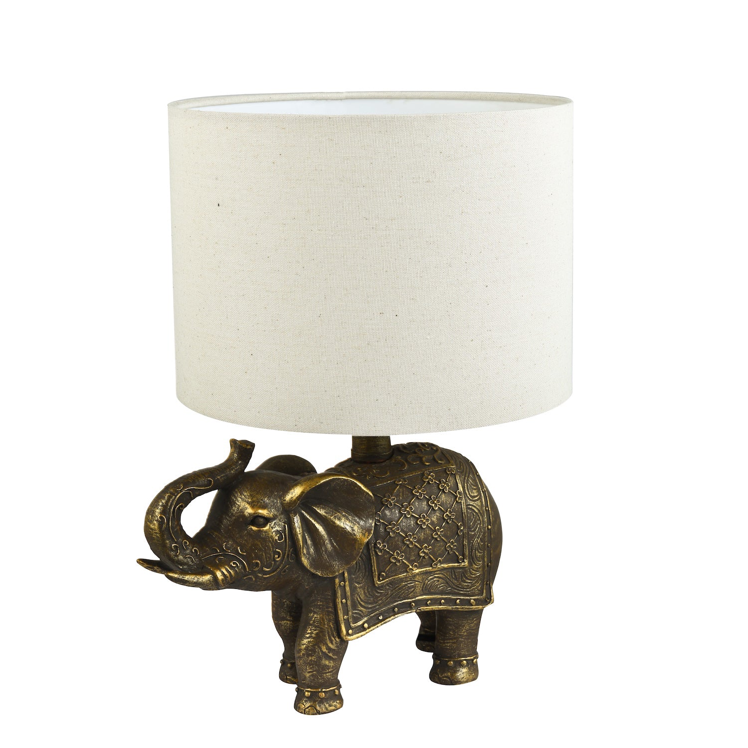 Antique Gold Vintage Elephant Resin Lamp with Off-White Oatmeal Linen Shade Image 1