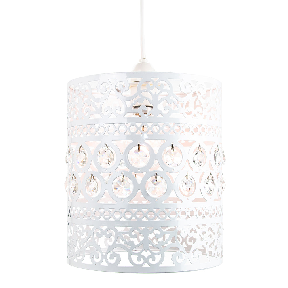 Traditional and Ornate White Easy Fit Pendant Shade with Clear Acrylic Droplets Image 2