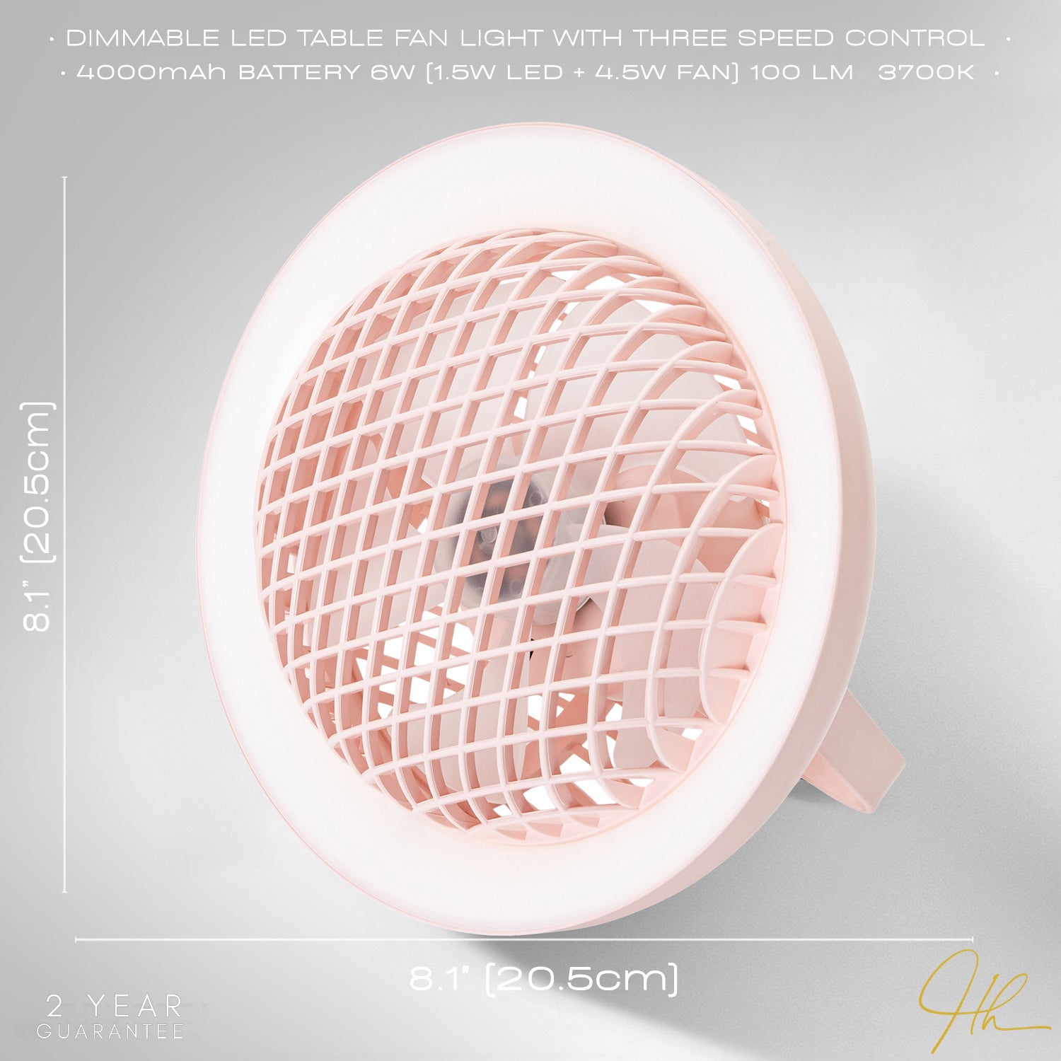 Soft Pink Rechargeable 3 Speed Desk Fan with LED Dimmable Ring Light Image 7