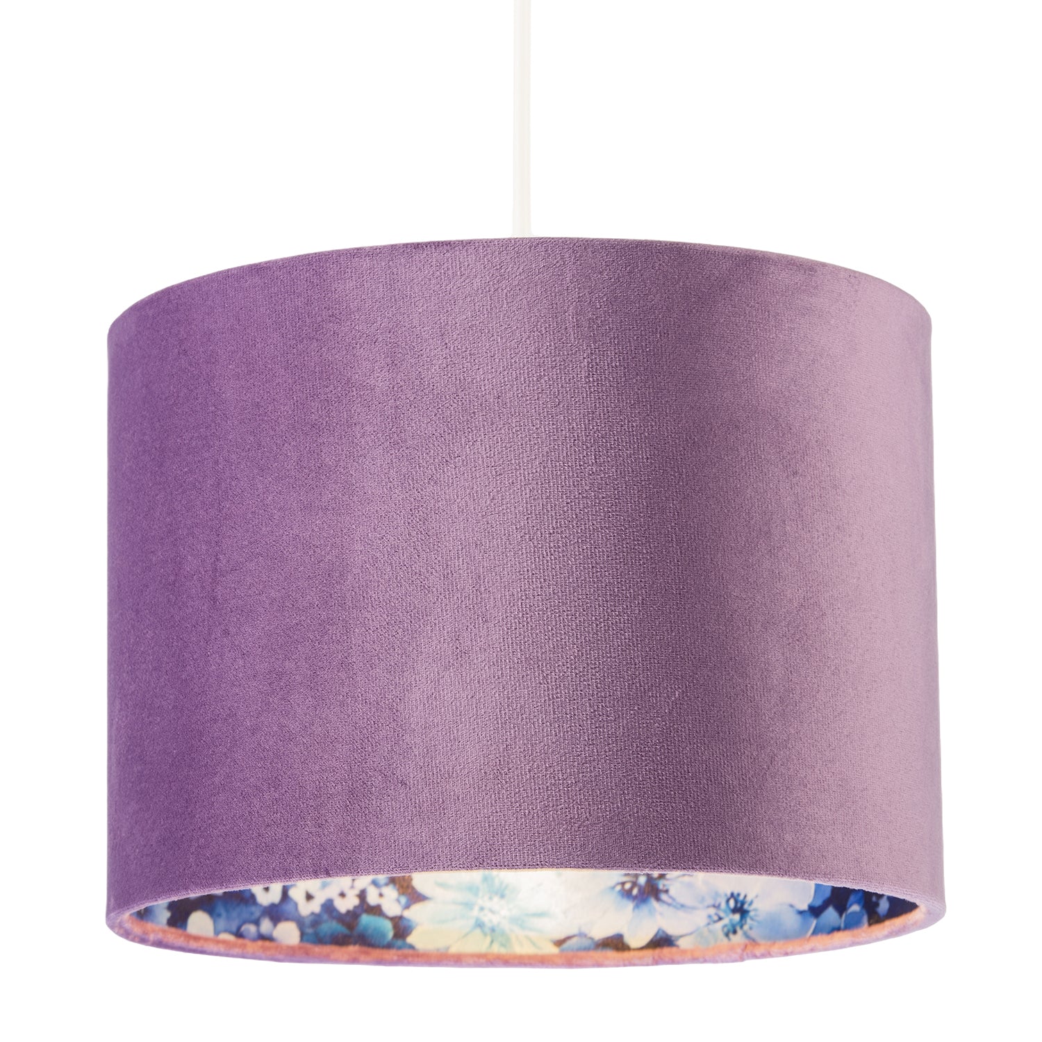 Soft Lilac Velvet Drum Lampshade with Inner Coloured Floral Lining Image 2