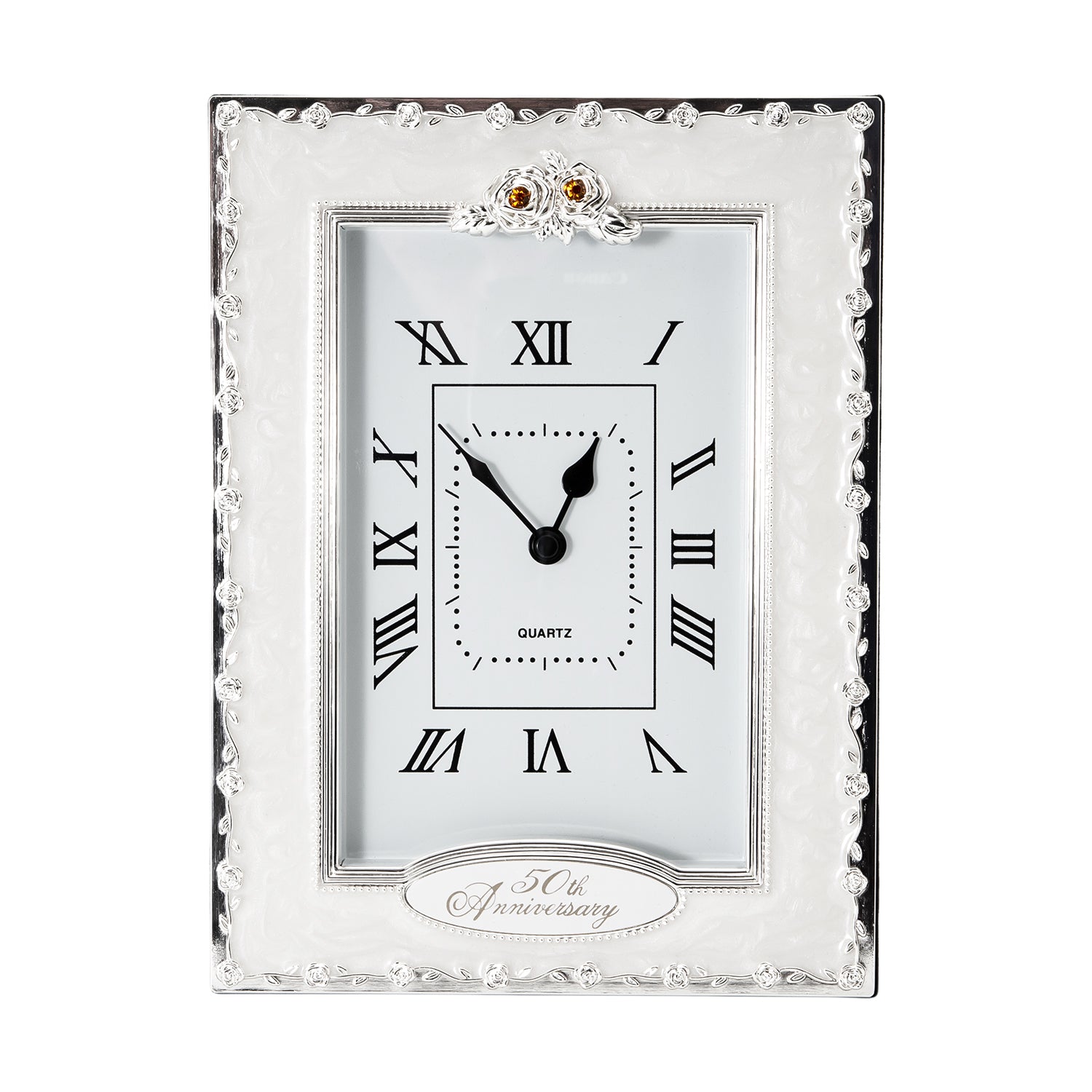 50th Anniversary Clock with Silver Plated Roses and Gold Diamantes Image 3