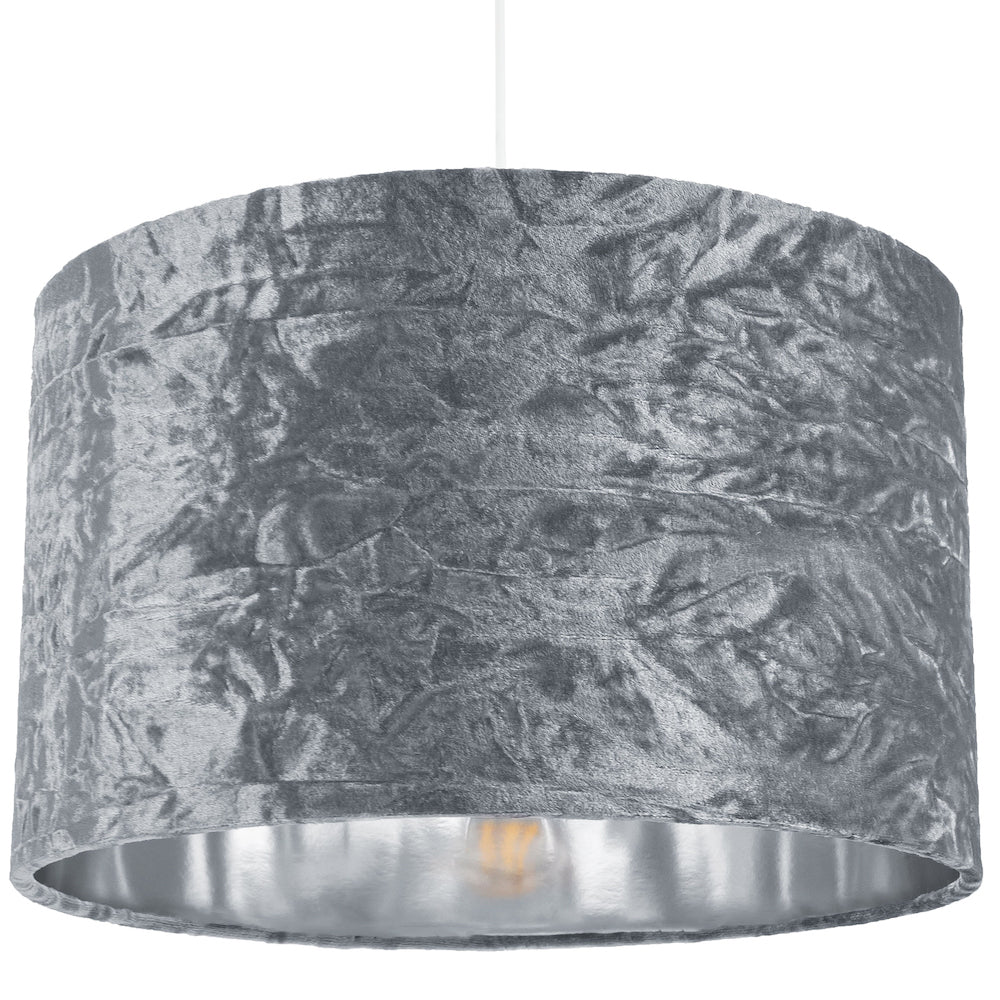 Modern Silver Crushed Velvet 14" Table/Pendant Lampshade with Shiny Silver Inner Image 6