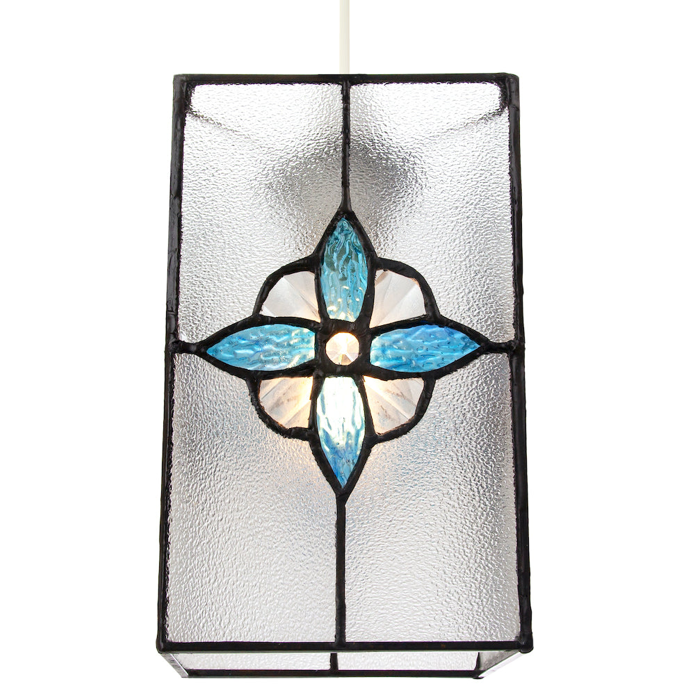 Traditional Clear Glass Tiffany Style Pendant Light Shade with Teal Panels Image 2