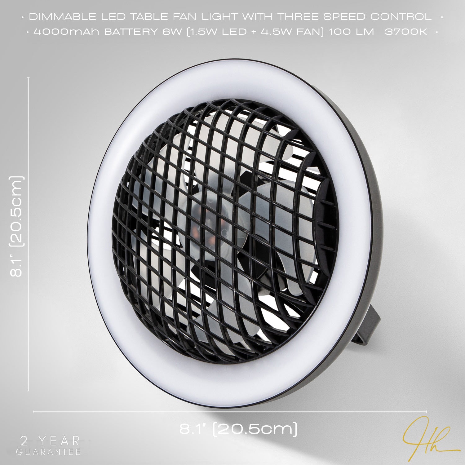 Black Rechargeable 3 Speed Desk Fan with LED Dimmable Ring Light Image 7