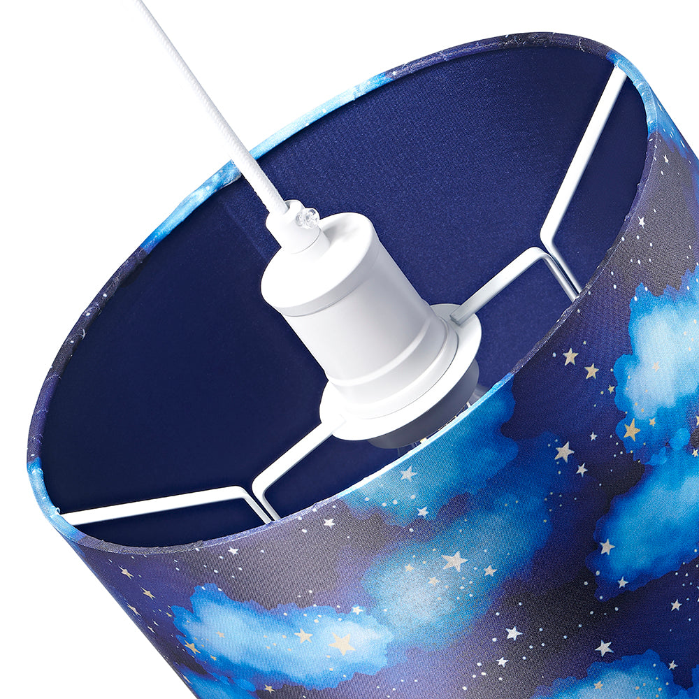 Modern Navy Blue Childrens Lamp Shade with Bright Gold Stars and White Clouds Image 5