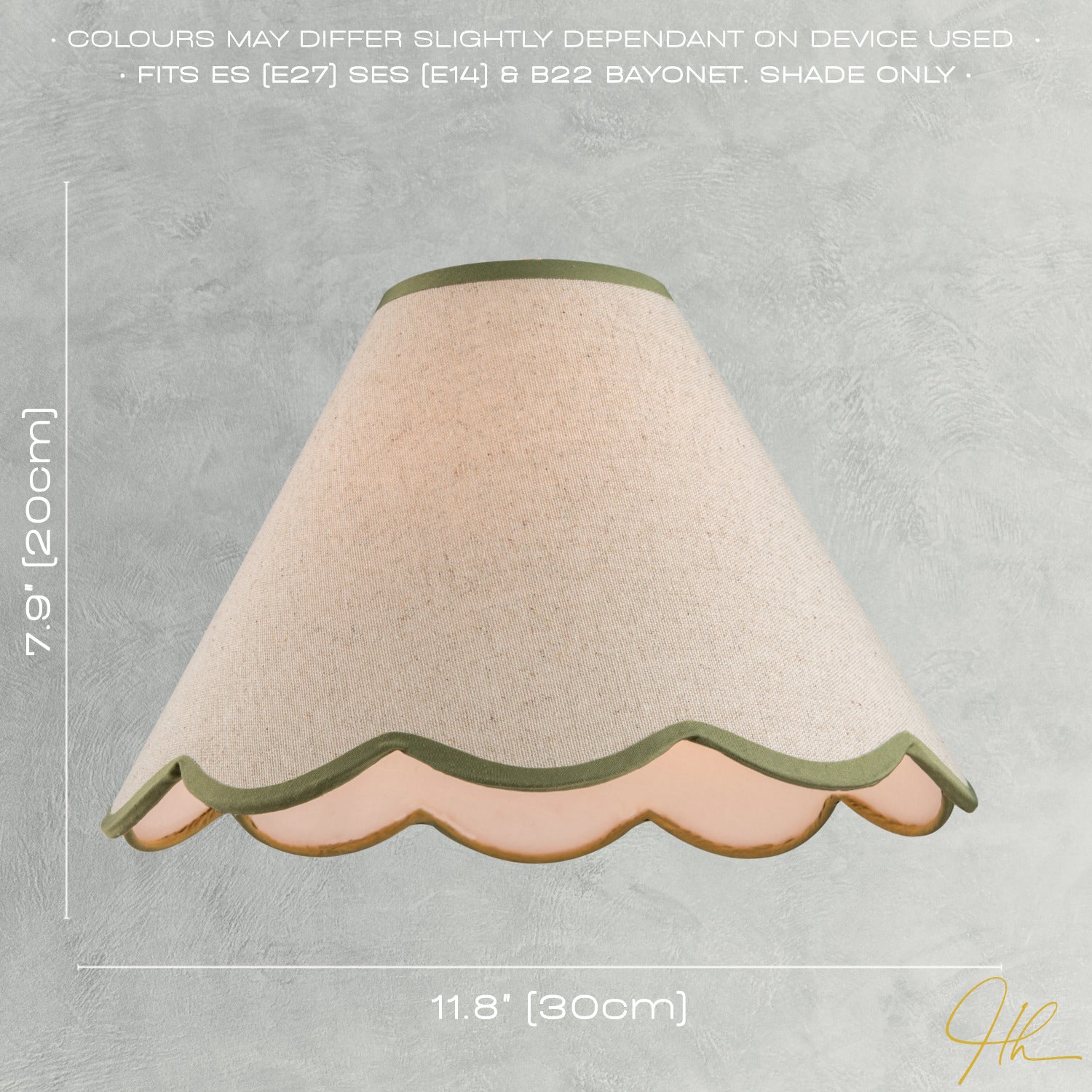 Scallop Edge Natural Textured Linen Coolie Lamp Shade with Olive Trims Image 6