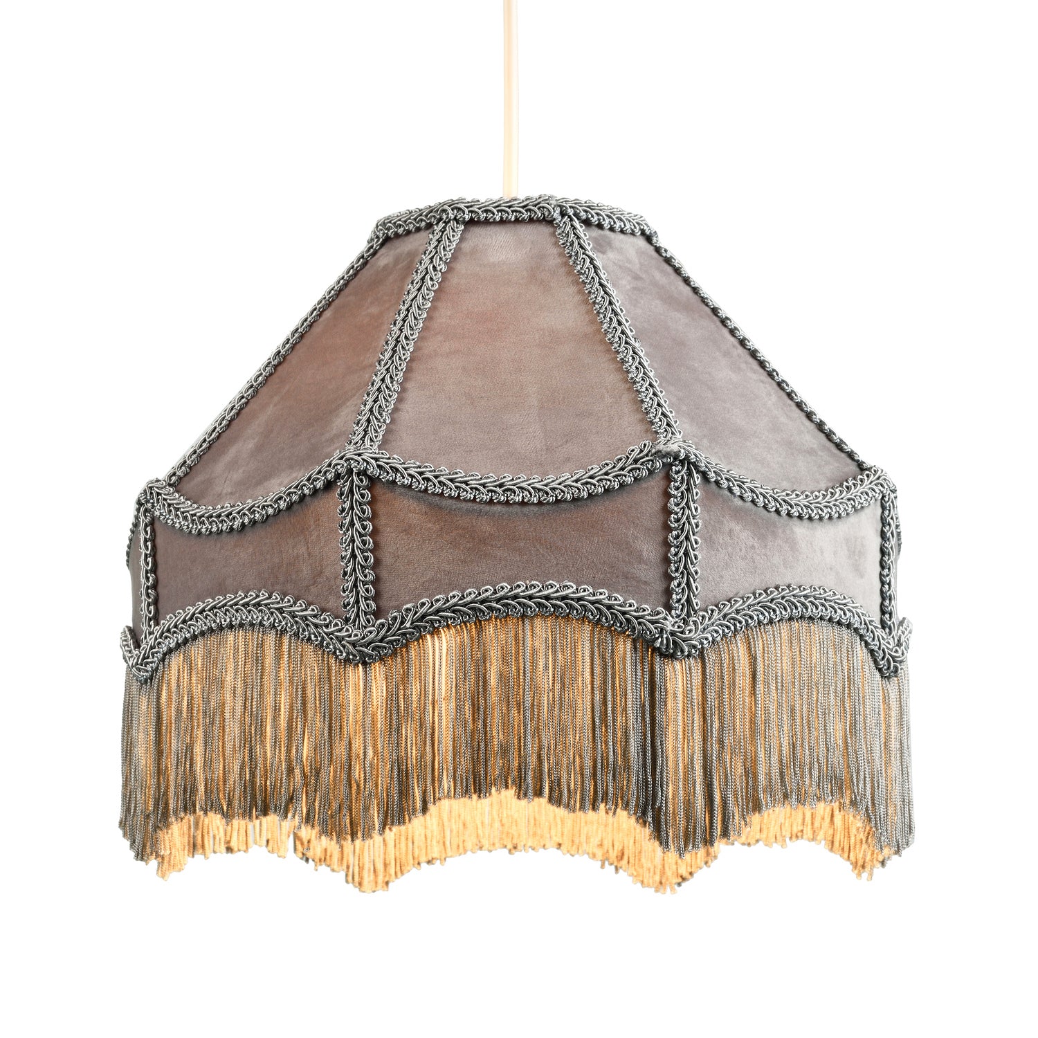 Traditional Victorian Empire Lampshade in Soft Dove Grey Velvet with Tassels Image 2