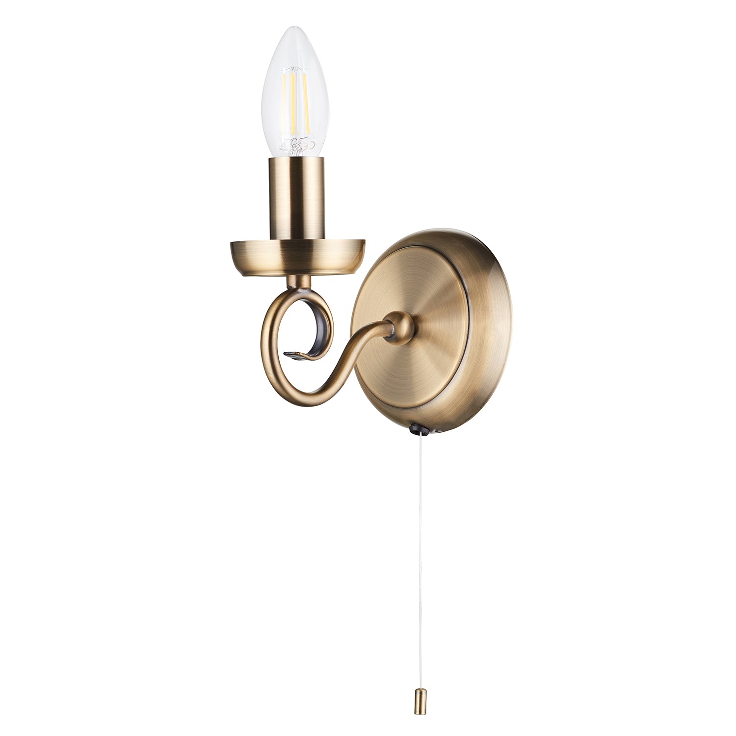 Traditional Antique Brass Wall Light Fitting with Scroll Arm and Pull Switch Image 1