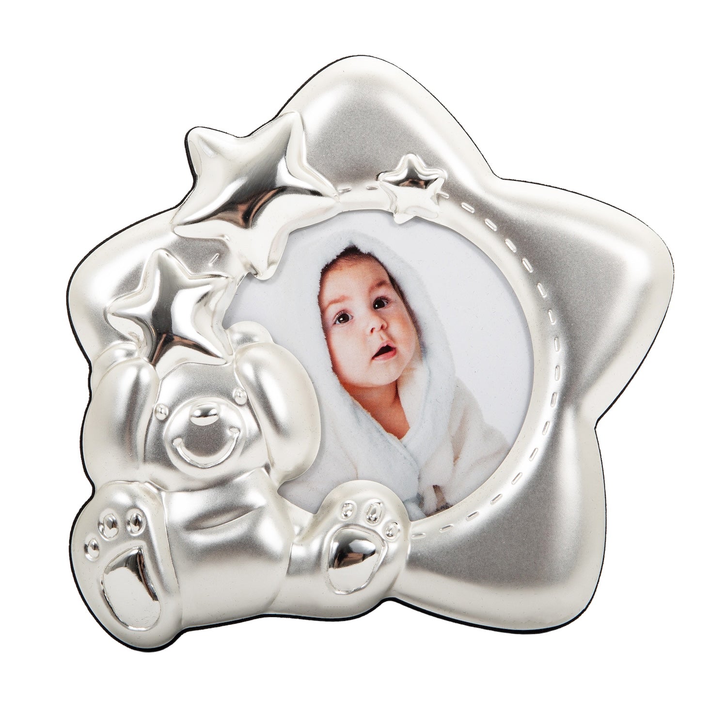 Star Shaped Silver Plated Baby Photo Frame with Teddy Bear and Decorative Stars Image 2