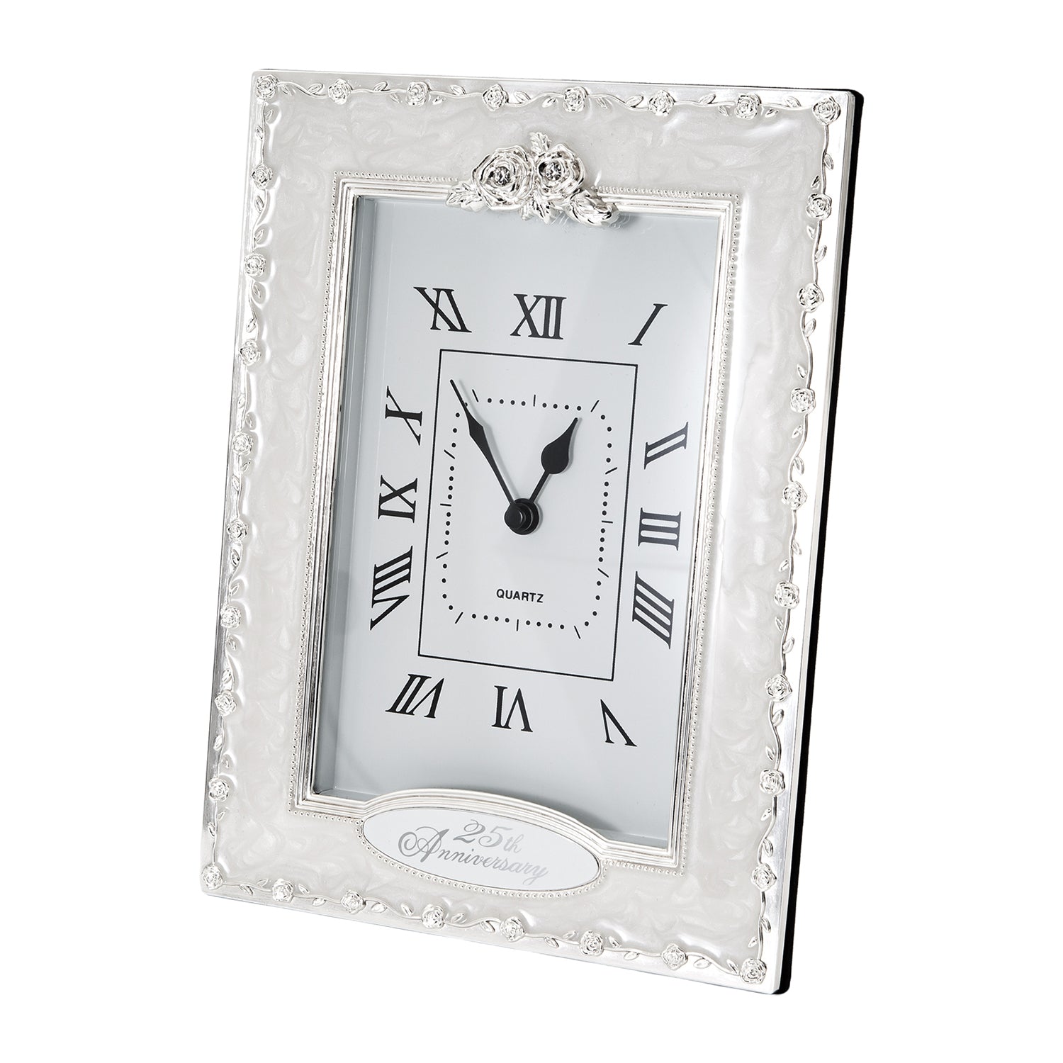 25th Anniversary Clock in White Epoxy with Silver Plated Roses and Diamantes Image 3
