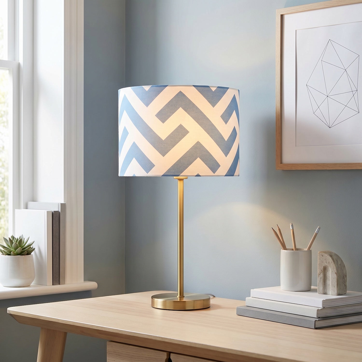 Contemporary Sky Blue Fabric Lamp Shade with Geometric Chevron Pattern Image 6