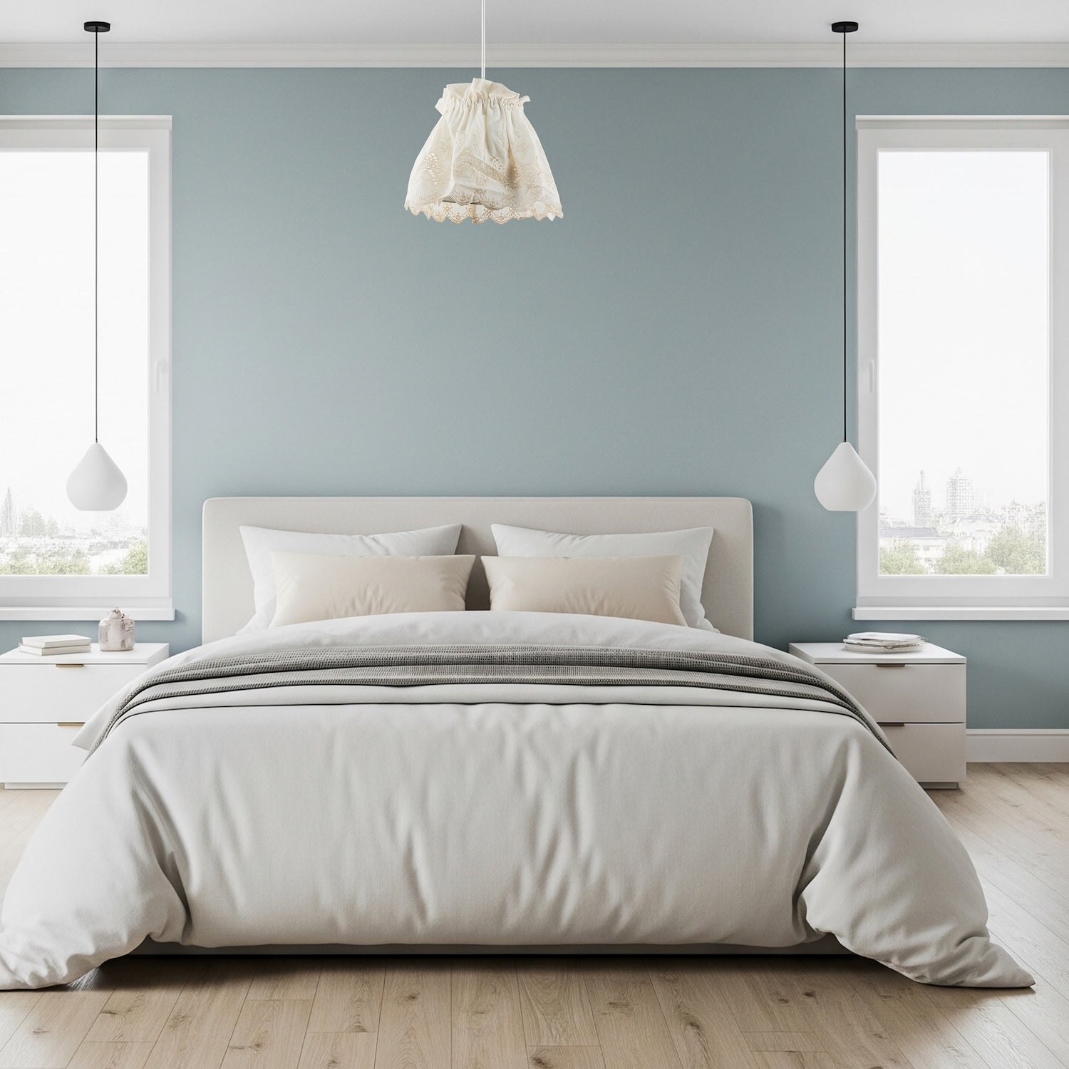 Modern Cream Cotton Fabric Pendant Lamp Shade with Floral Lace Design Image 6