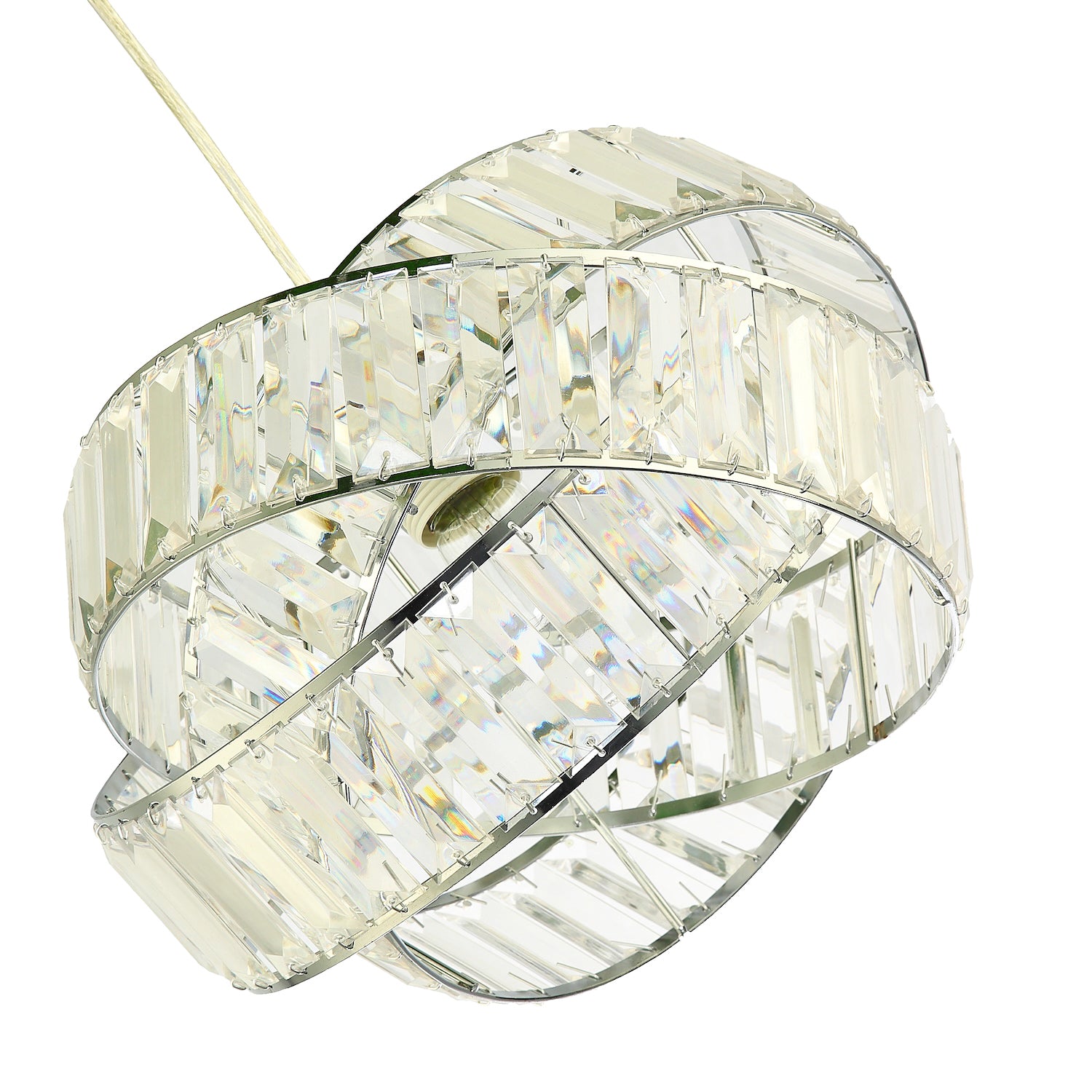 Modern Three Ring Chrome Pendant Lighting Shade with Transparent Acrylic Prisms Image 5