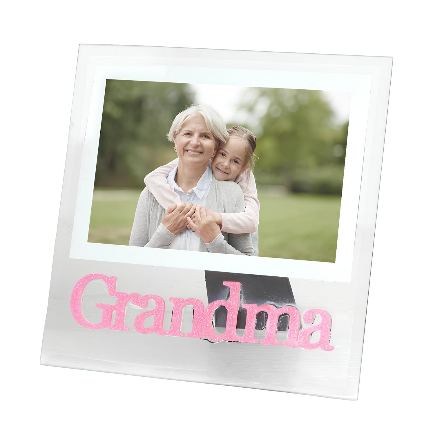 Pink Glitter Grandma Picture Frame in Transparent Glass with Bevelled Sides Image 1