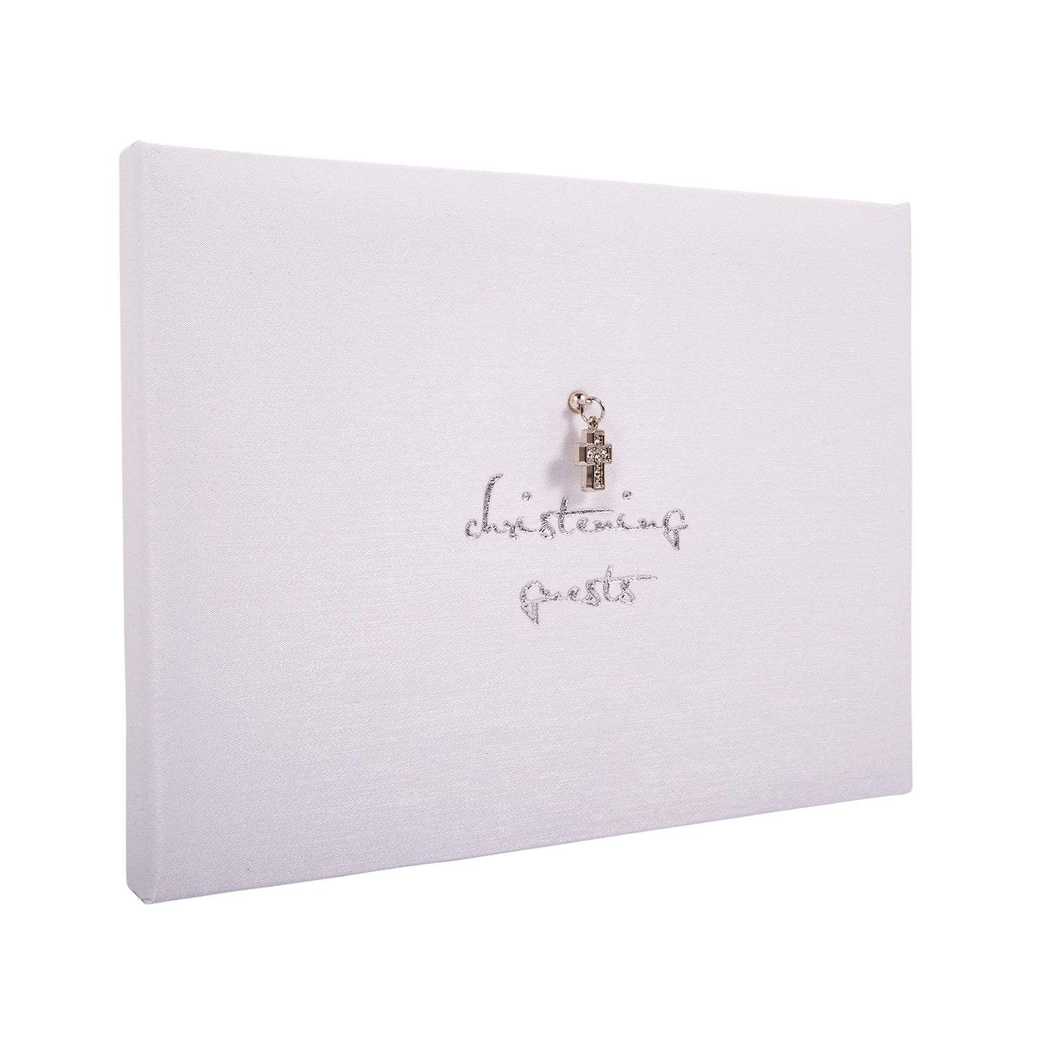 Beautiful White Satin Fabric Christening Guest Book with Silver Metal Cross Image 2