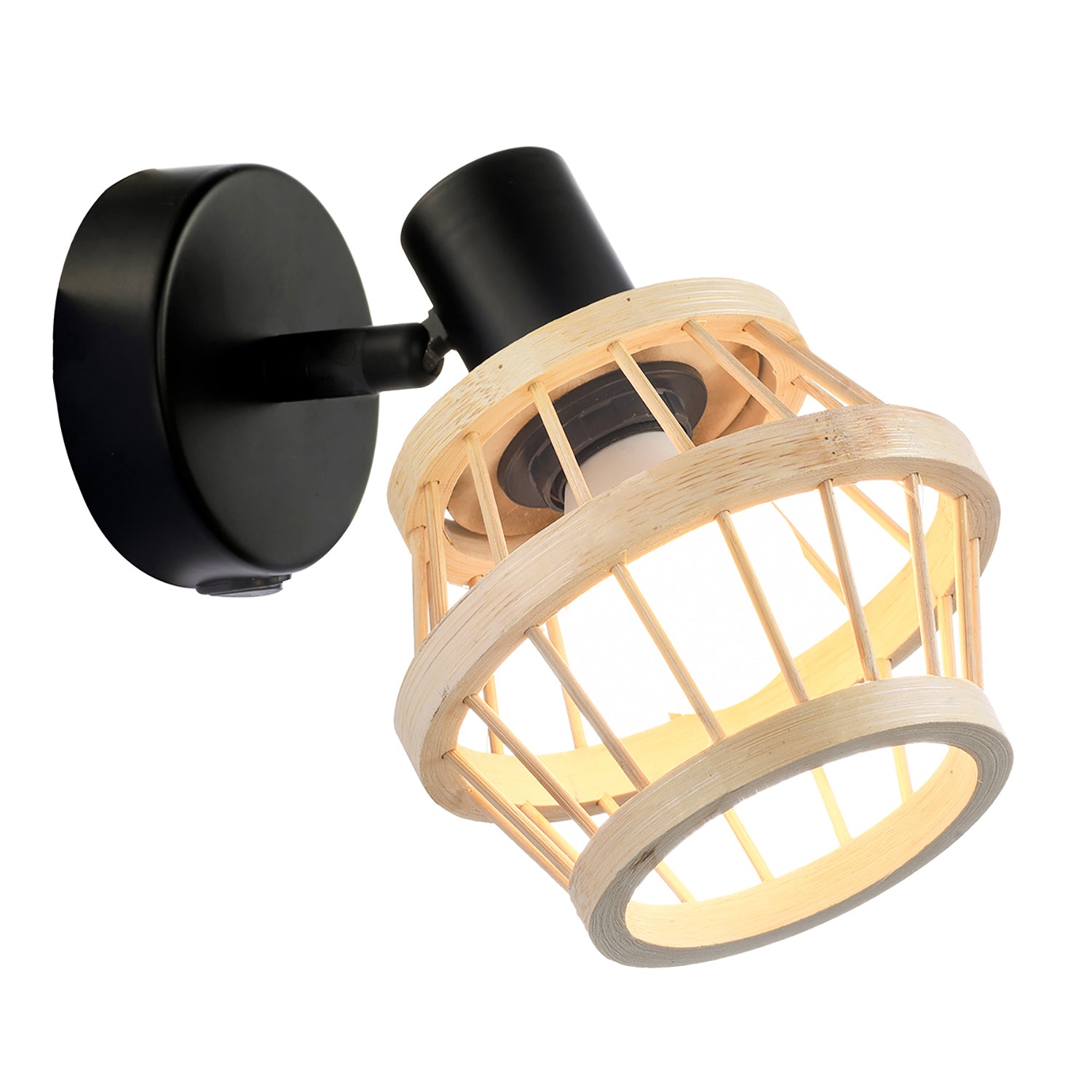 Industrial and Classic Black Switched Wall Light with Brown Bamboo Framed Shade Image 1