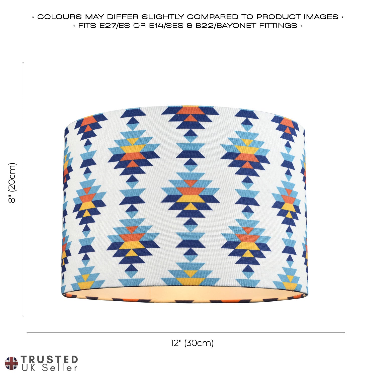 Colourful Boho Geometric 12 Inch Drum Lamp Shade in White with Blues and Oranges Image 7