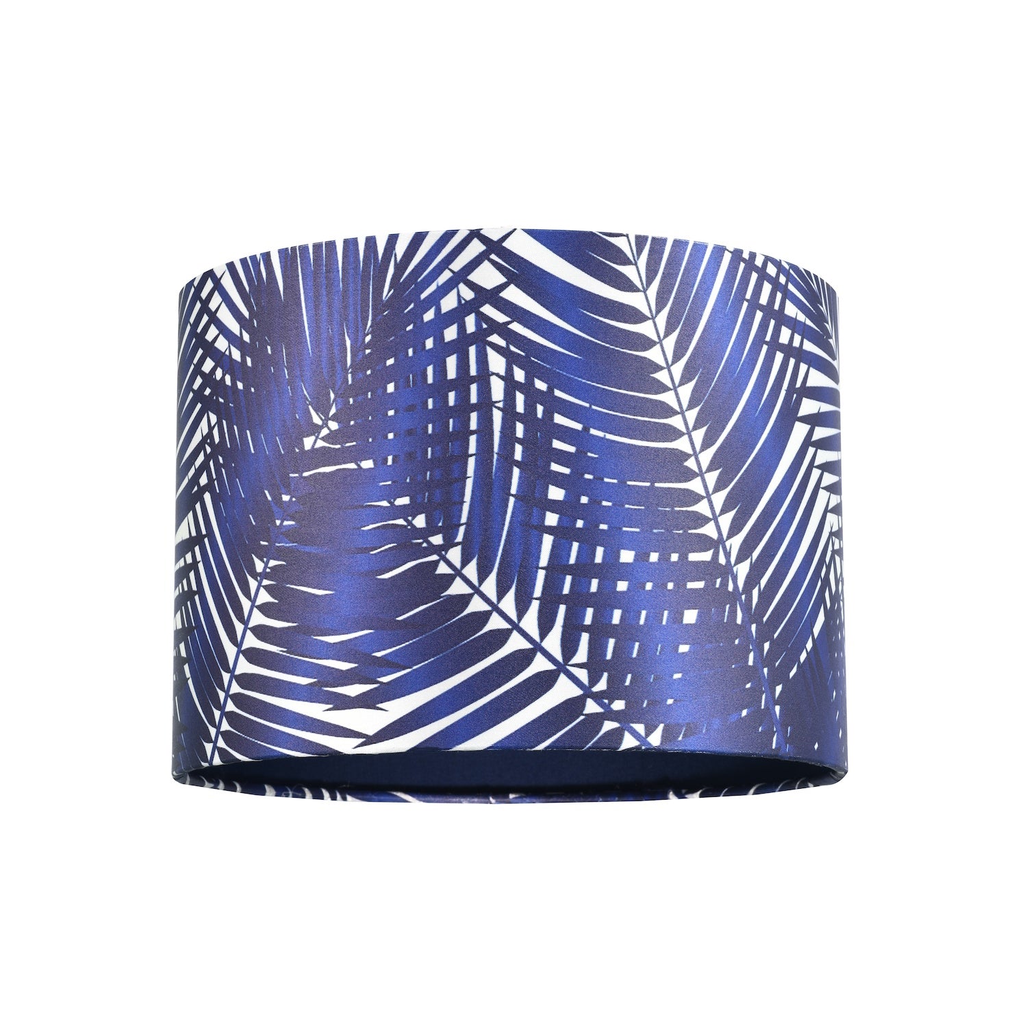 Modern Navy Midnight Blue Palm Leaves Drum Lamp Shade in Shimmer Satin Fabric Image 1