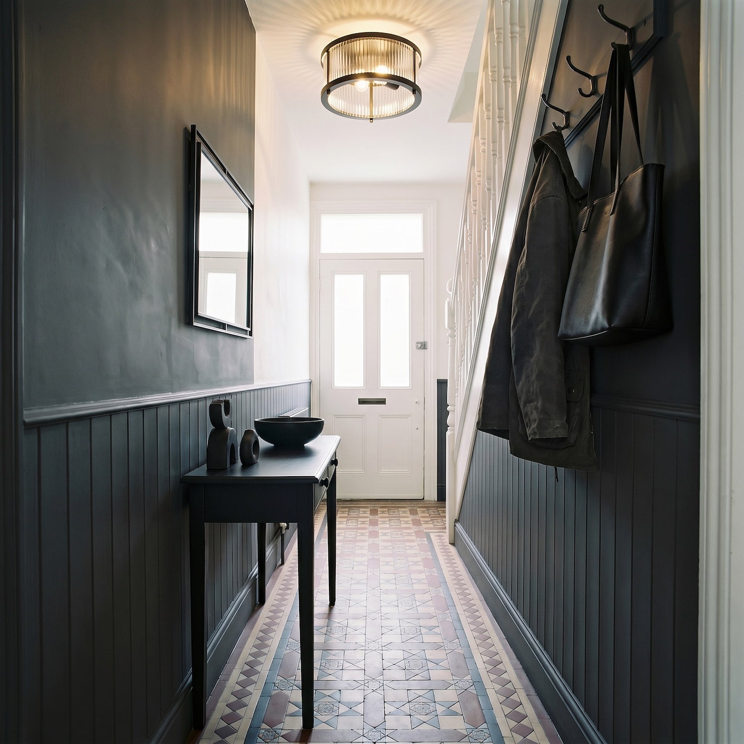 Sleek Matte Black Flush Ceiling Light with Fluted Ribbed Clear Glass Image 6