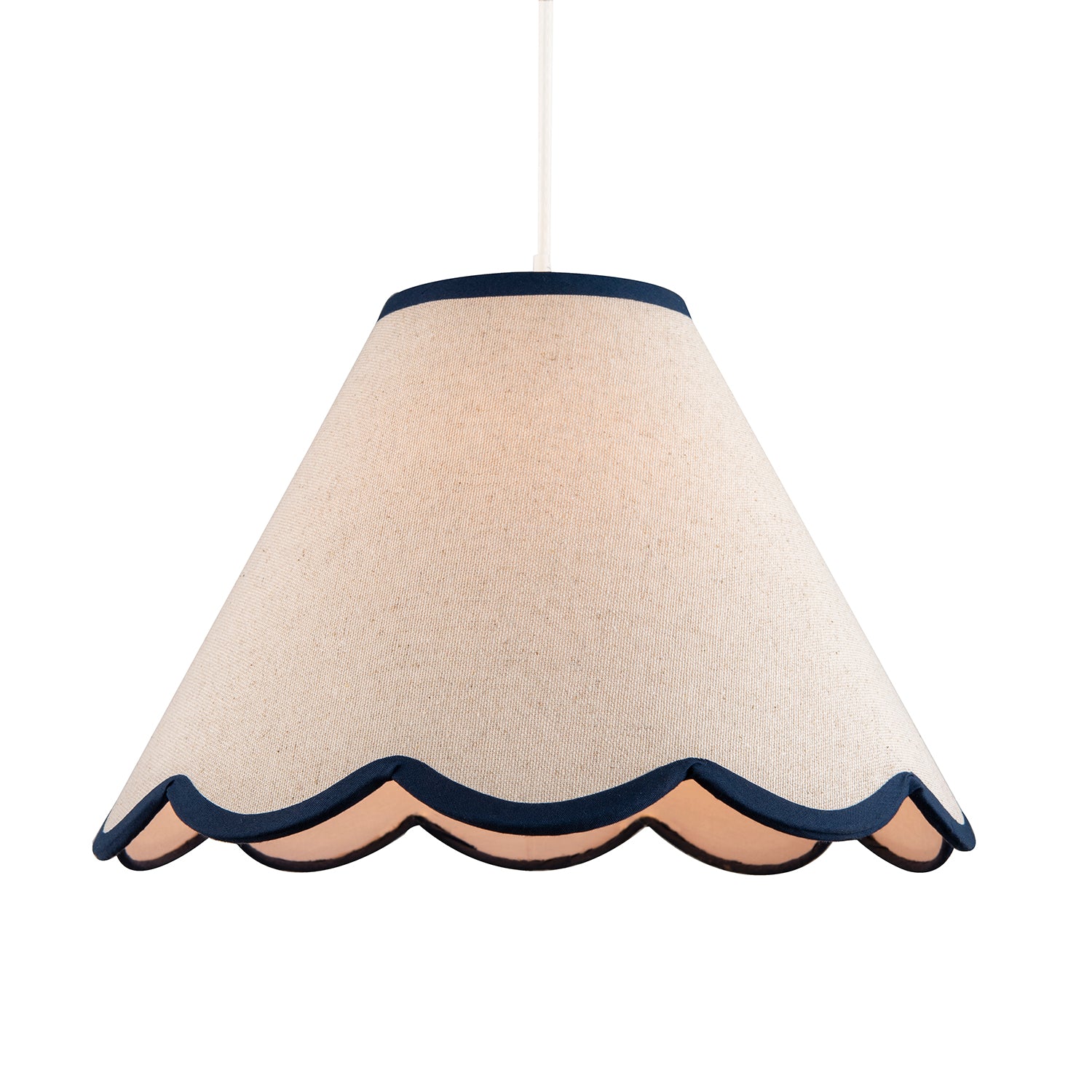 Scallop Edge Natural Textured Linen Coolie Lamp Shade with Navy Trims Image 4