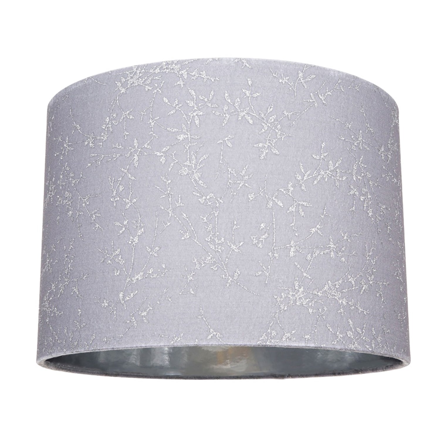 Modern Grey Cotton Fabric 12" Lamp Shade with Silver Foil Floral Decoration Image 1