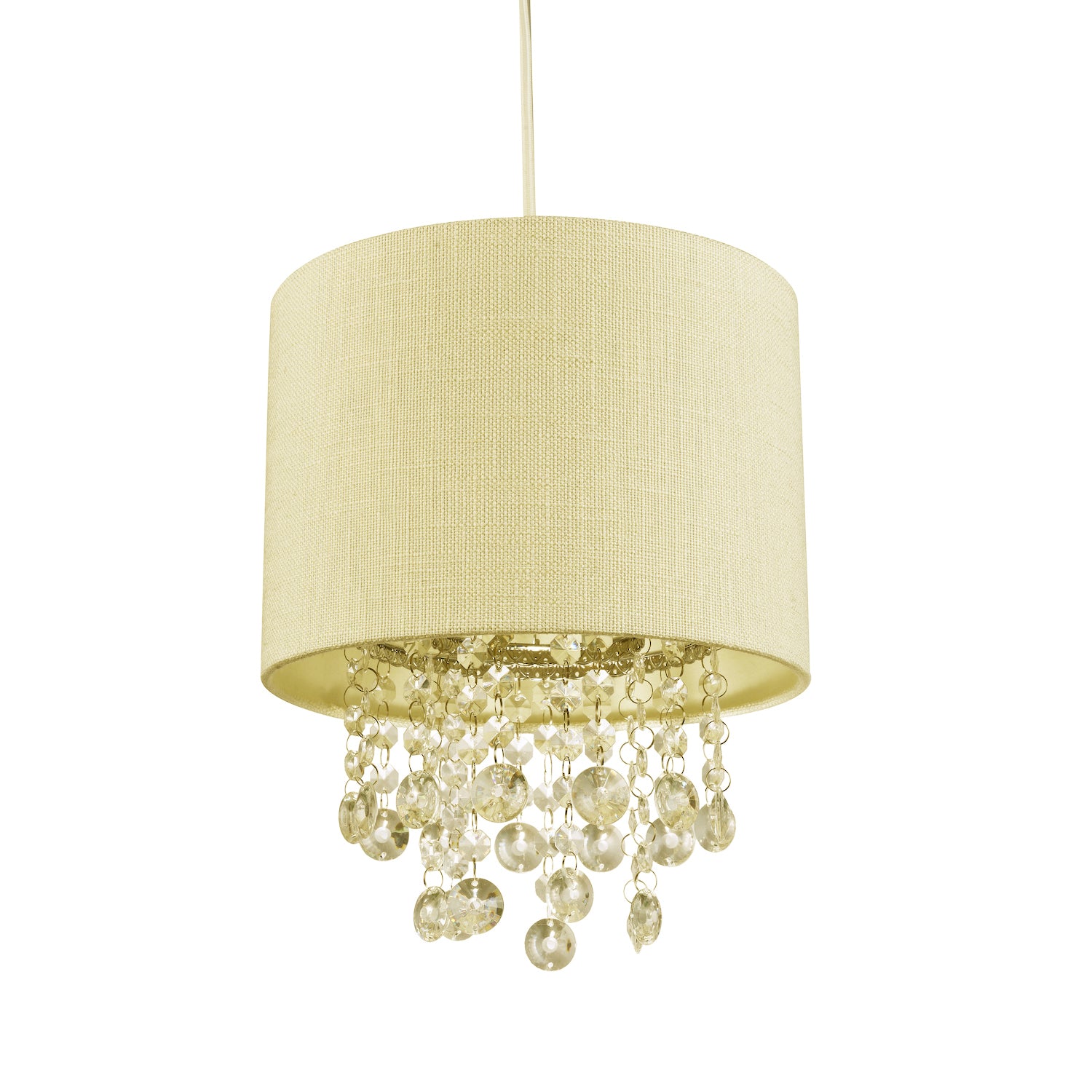 Modern Soft Cream Textured Linen Pendant Shade with Clear Acrylic Droplets Image 1