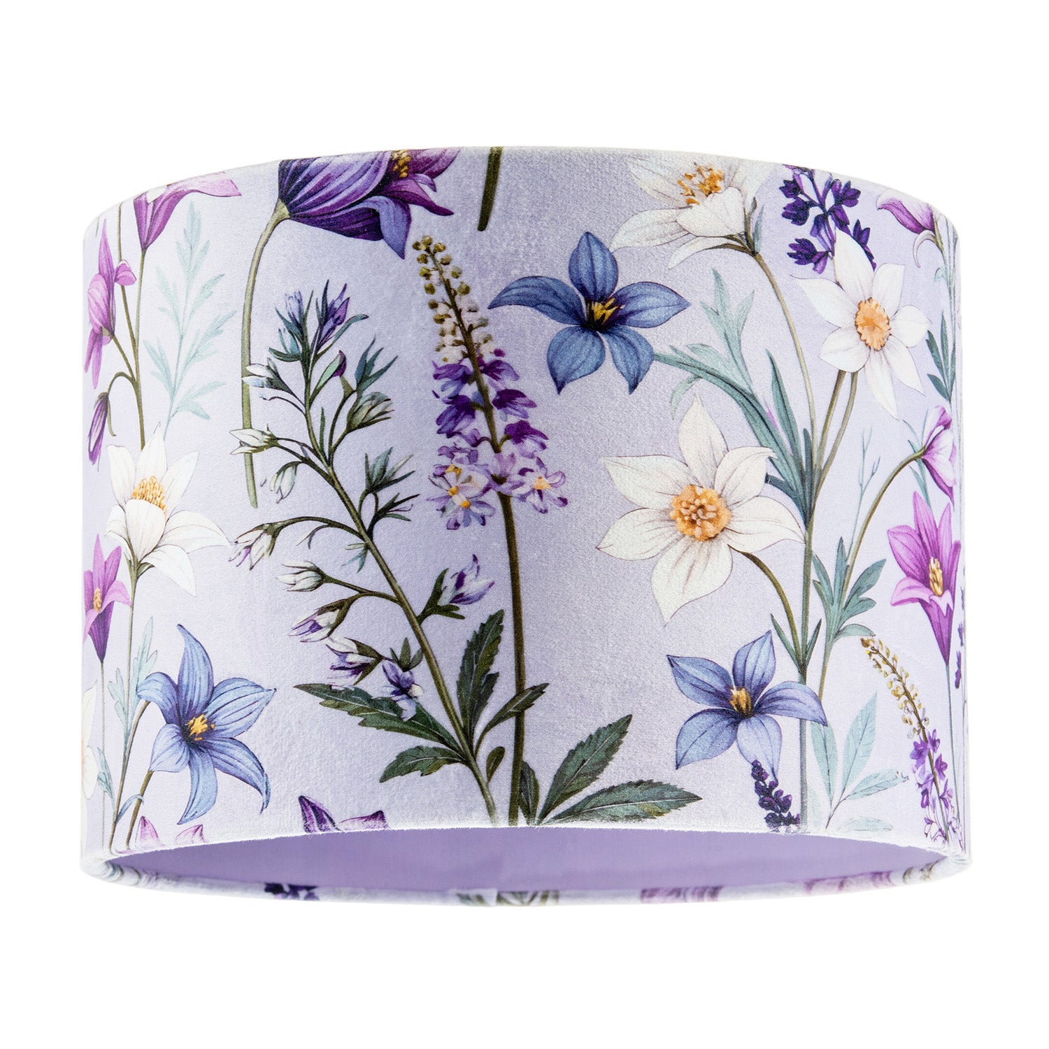 Vivid and Chic Lavender Velvet Lamp Shade with Blue and White Flowers Image 1