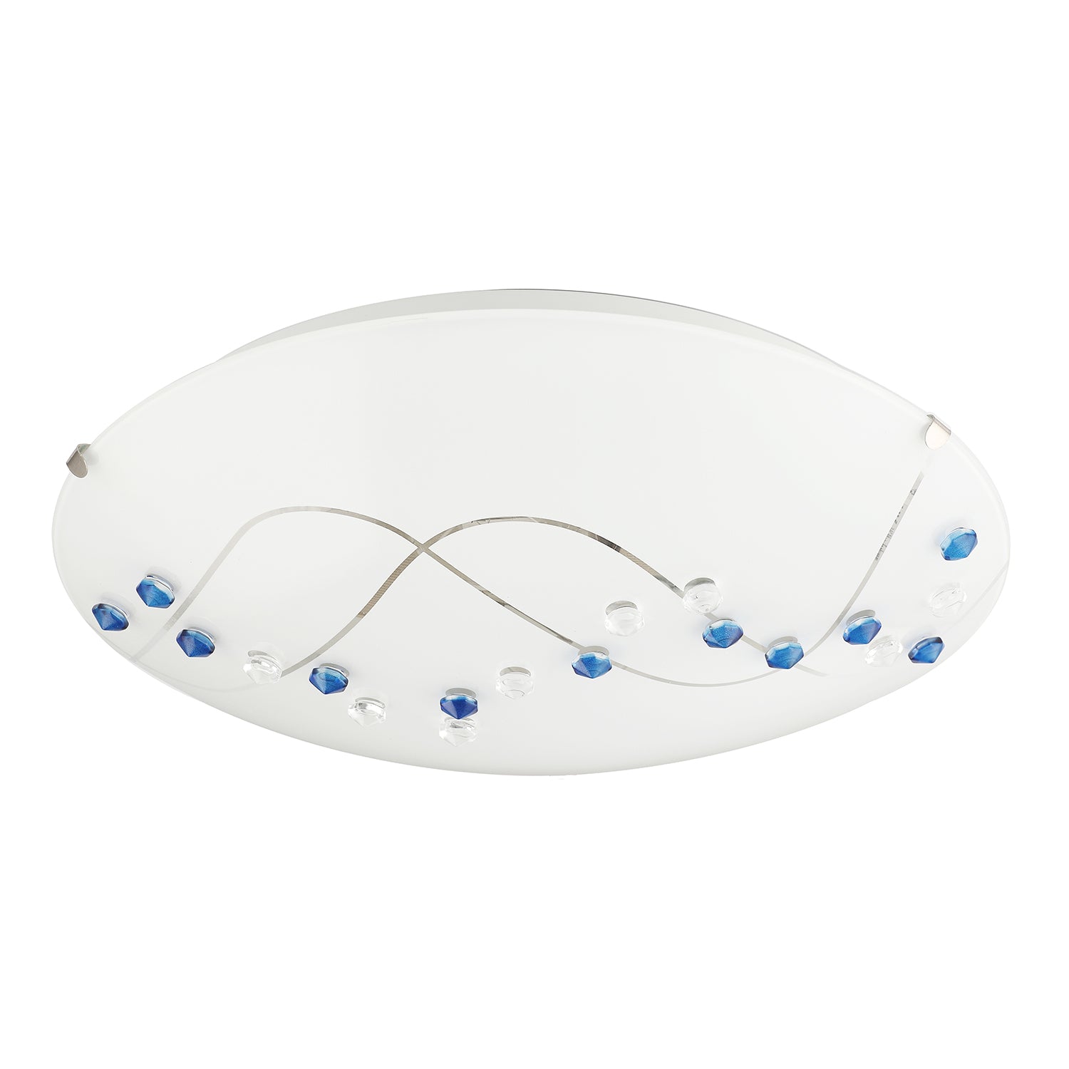 Contemporary Round Opal Glass Ceiling Light with Blue and Clear Crystal Buttons Image 1