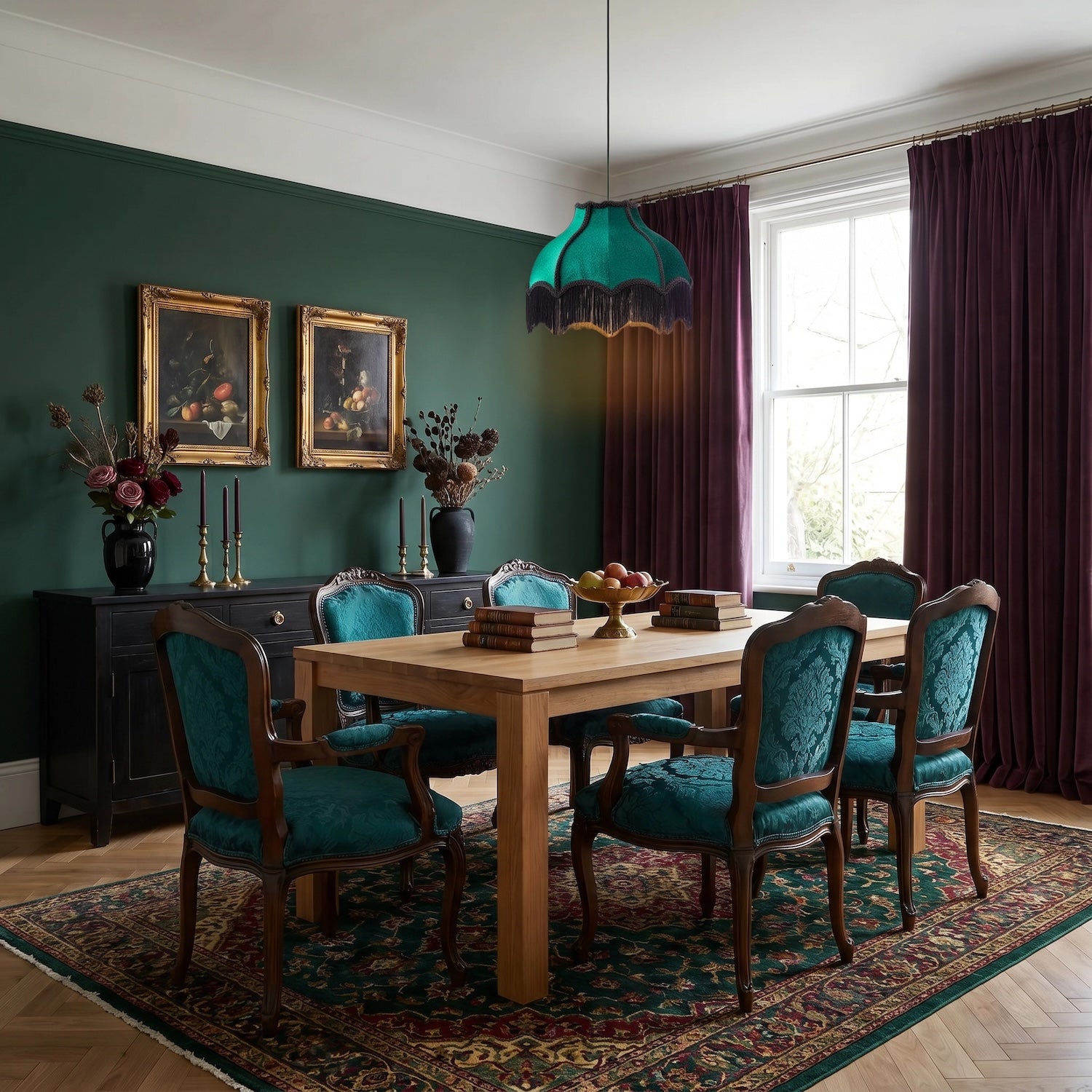 Classic Victorian Lamp Shade in Emerald Green Velvet with Black Trims Image 6