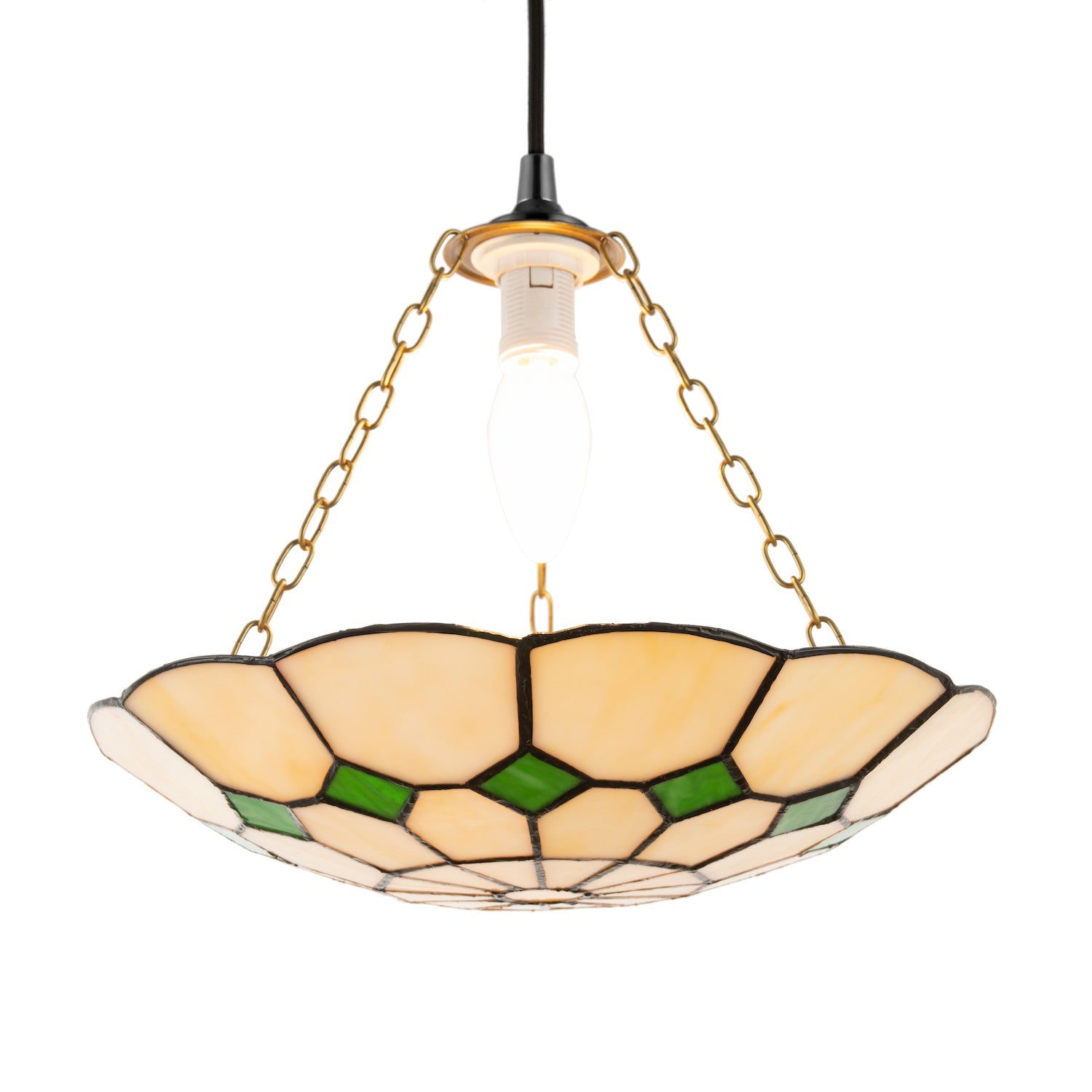 Classic Amber Stained Glass Tiffany Pendant Lighting Shade with Green Diamonds Image 2