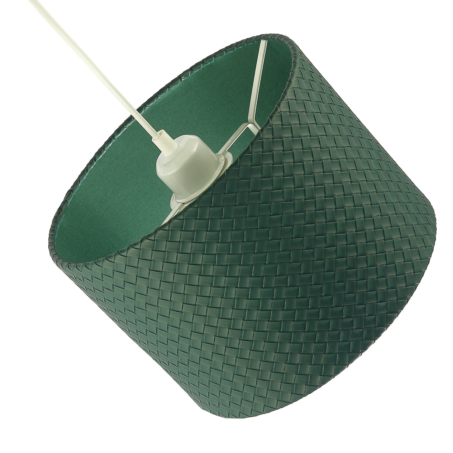 Dark Forest Green Faux-Leather Woven Drum Lampshade with Cotton Lining Image 5