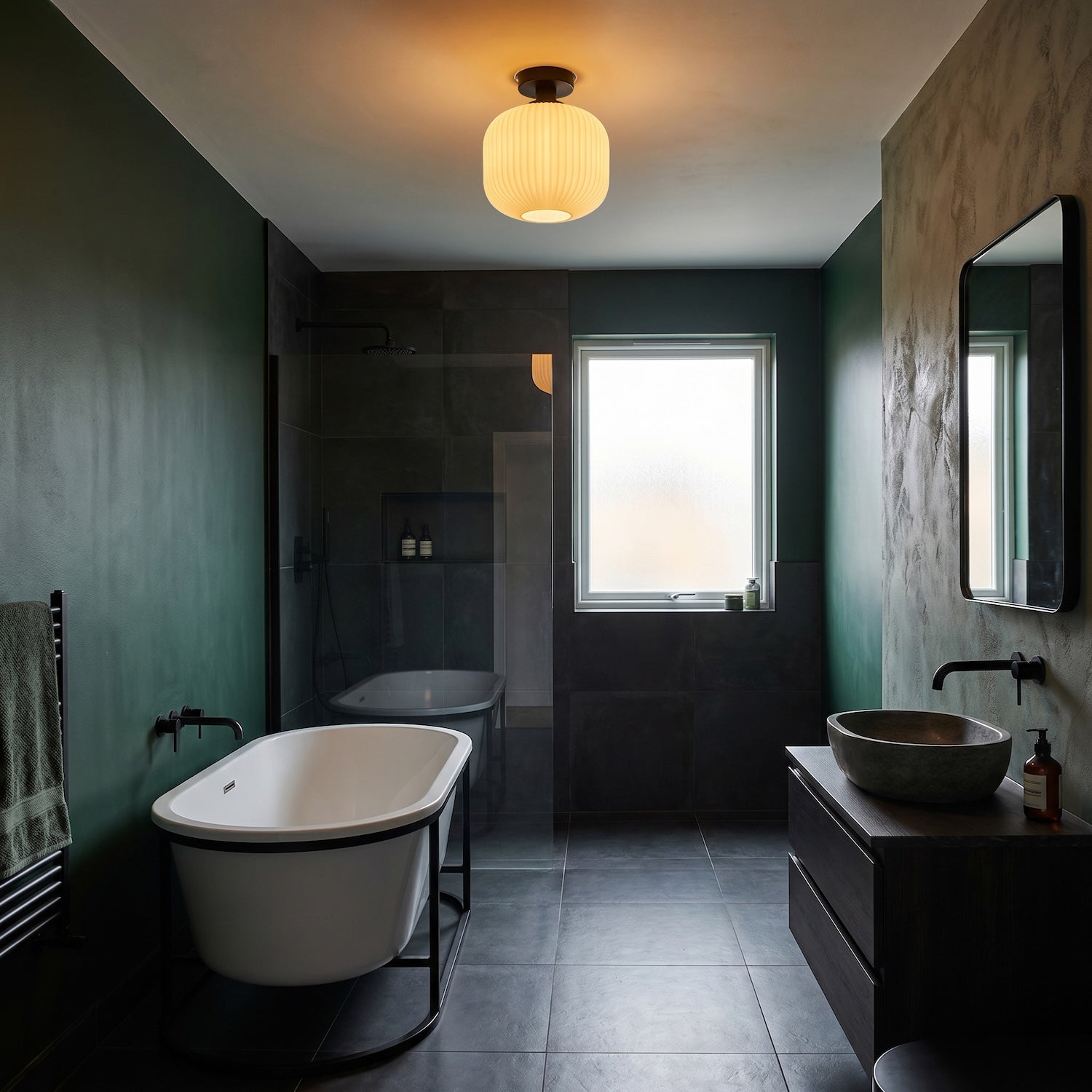 Matte Black Bathroom Ceiling Light with Opal Ribbed Glass Shade Image 6