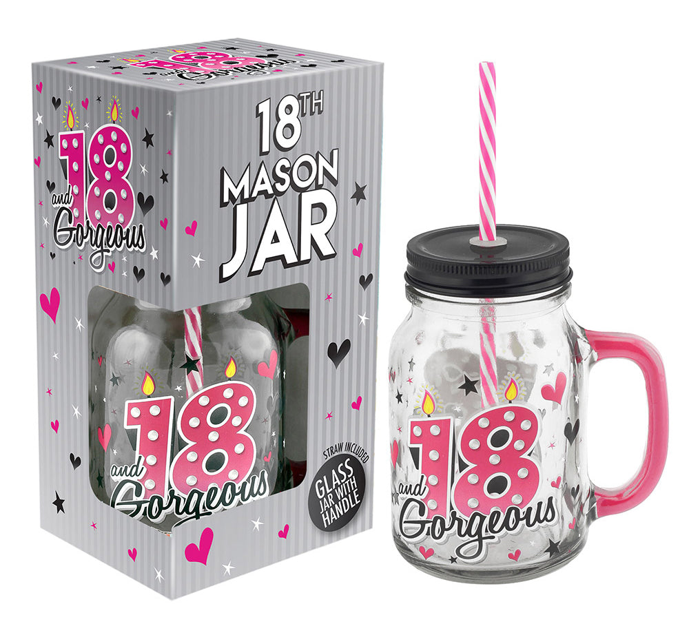 18th Birthday Mason Jar With Metal Lid Glass Handle and Pink/White Straw Image 1