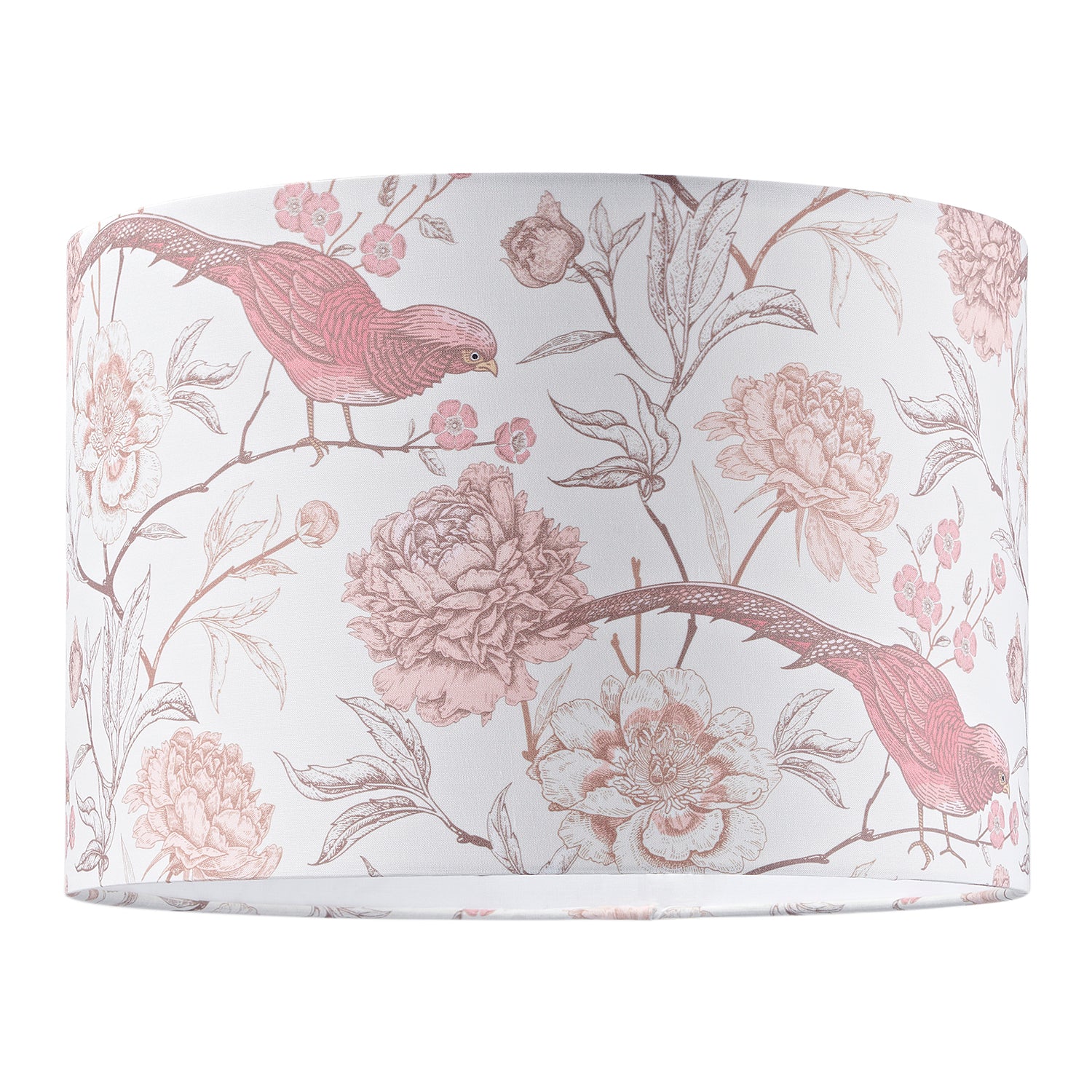 Traditional Cotton Lamp Shade with Pink Long Tailed Birds and Floral Decor Image 1