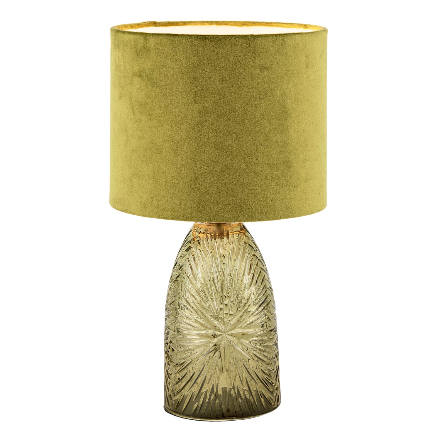 Modern Table Lamp with Faceted Glass Base and Olive Green Velvet Shade Image 8